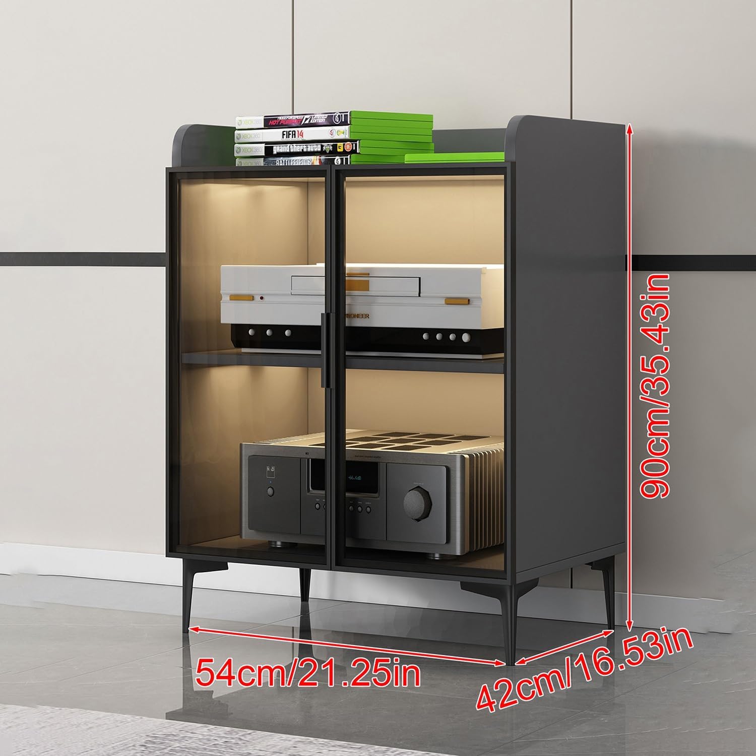 AV Cabinet 2/3 Tier Modern Stereo Rack System Cabinet Media Storage Cabinet AV Cabinet with Glass Doors Media Console without LED light for Gaming Meeting Living Recording Room.(Black