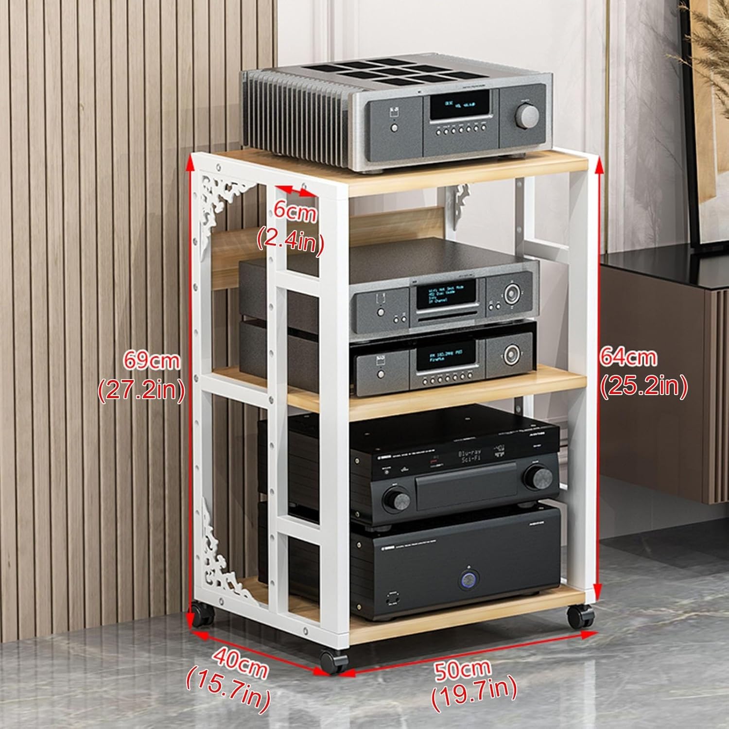 3/4/5-Tier Movable Audio Stand with Wheel Media Player Stand Adjustable Open Storage Rack Floor-Standing Multi-Function Shelf Cabinet