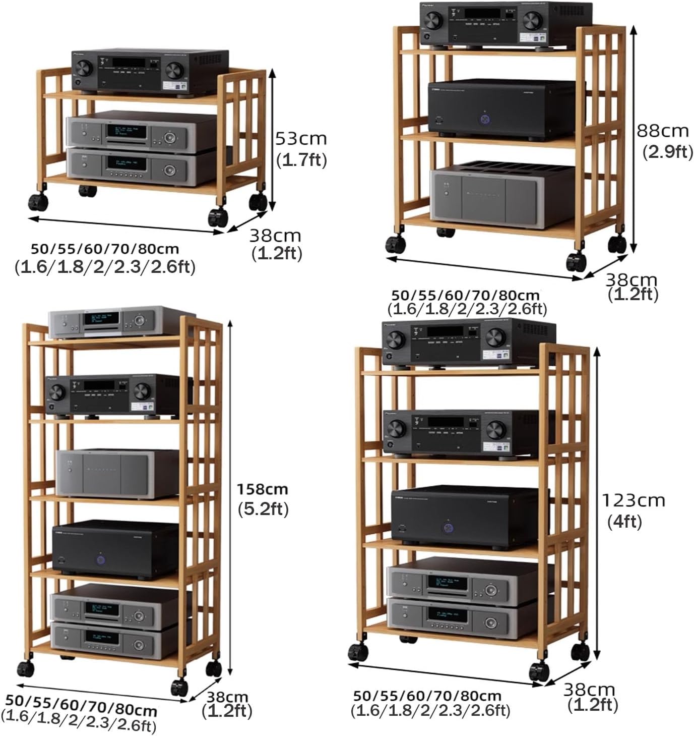 Av Media Stand Adjustable Corner Shelf Stand with Adjustable Wooden Shelves Stereo Cabinet Furniture with 4 Lockable Wheels Audio Video Rack Tower Wooden Shelves Standing Brown(3tier-1.8x1.2x2.9ft)