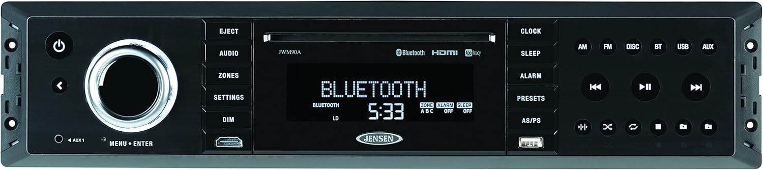 Jensen JWM90A Slimline 3-Zone Source Theater-Style Bluetooth Wallmount Stereo with App Control