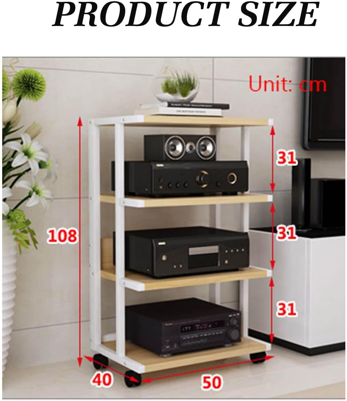 BXKCFYBSQ 4-Tier Mobile AV Media Stand Corner Stand Stand Wooden Corner Frame Component Cabinet Stereo Rack Audio Tower with Height Adjustable Wooden Stand for Home Office