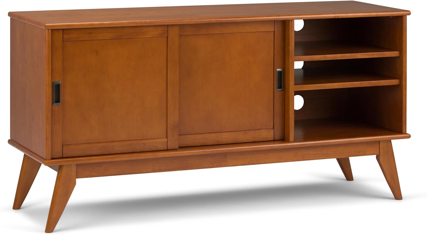 SIMPLIHOME Draper SOLID HARDWOOD 60 Inch Wide Mid Century Modern TV Media Stand in Teak Brown For TVs up to 65 Inches