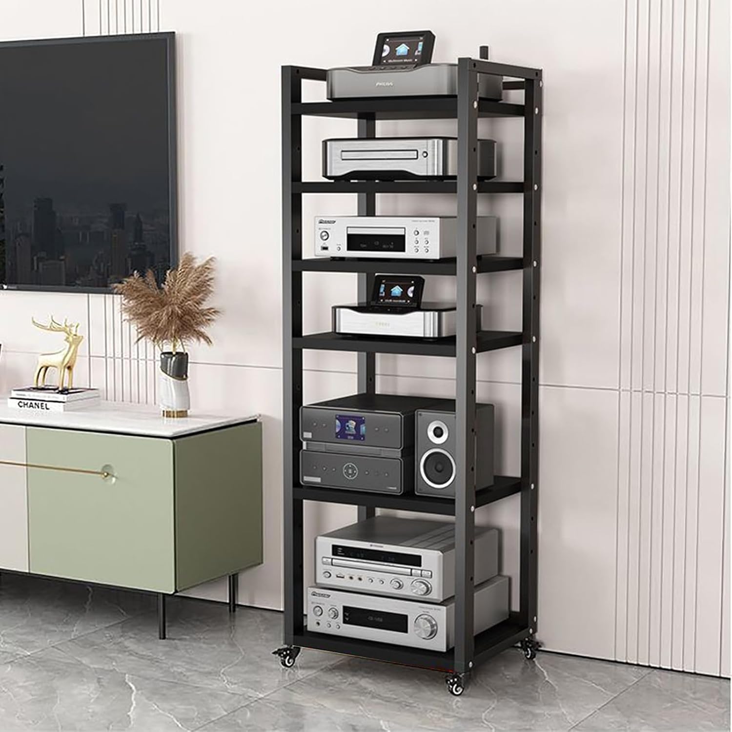 FZYUAN AV Media Stand CD Player Stand Home Stereo Rack with Height-Adjustable Shelf and Wheel