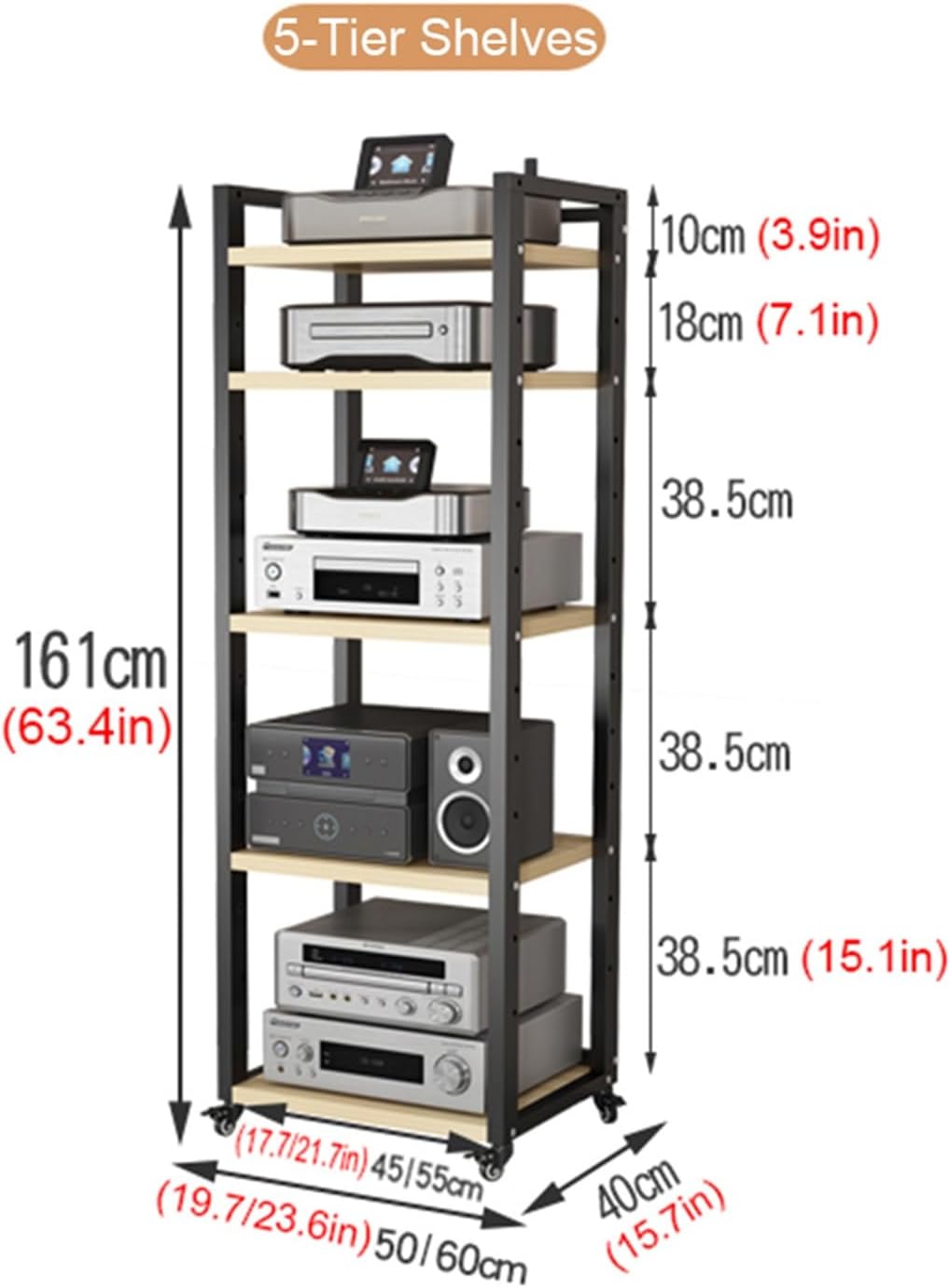 5/6/7/8 Tier Furniture Media Stand DVD CD Player Stand Audio Rack Power Amplifier Equipment Cabinet with Height Adjustable Wooden Shelf Multifunctional Storage Shelves (Color : A-5 Tier