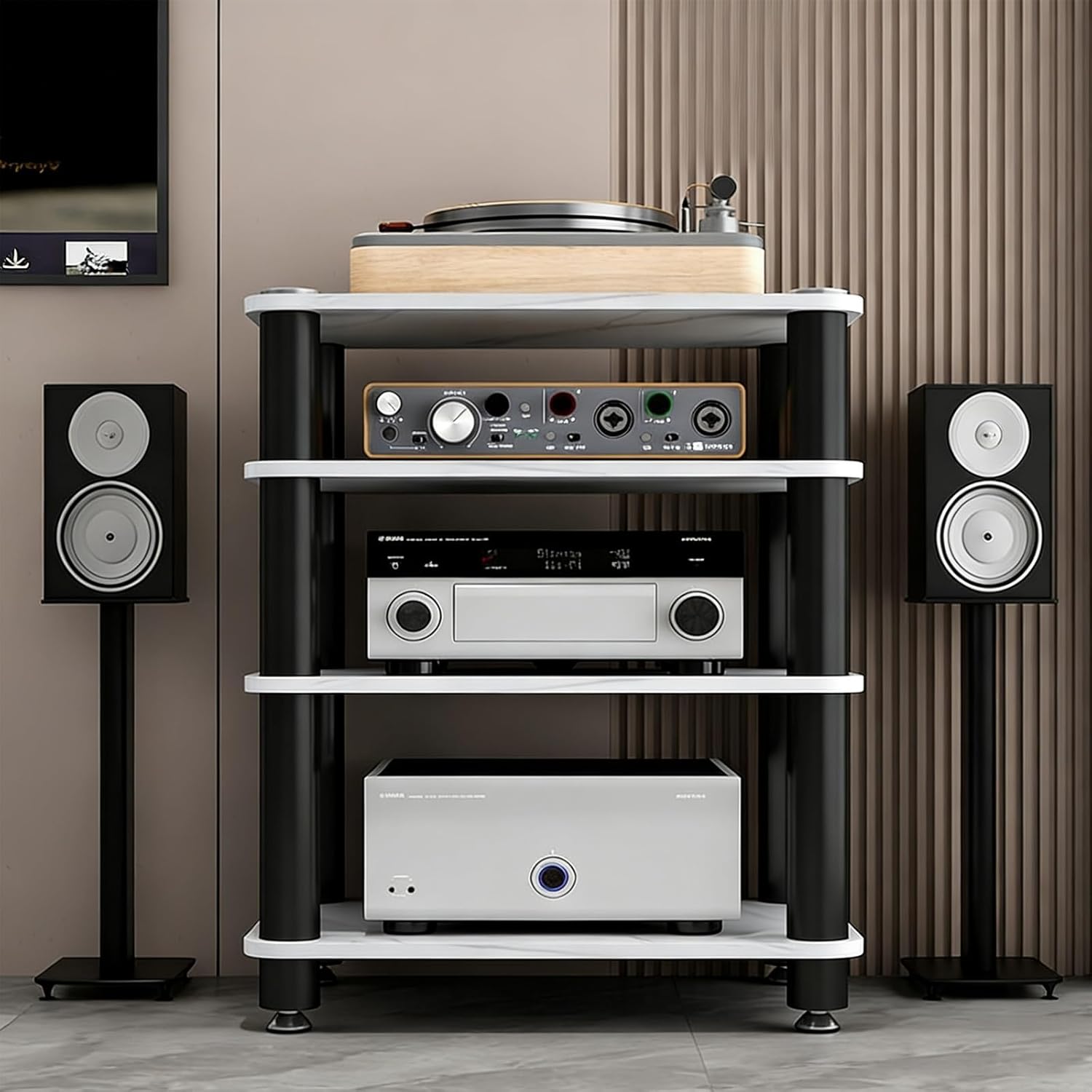 YITAYMLI 1/2/3/4 Tier AV Stereo Cabinet DVD Component Shelf Audio Rack Tower CD Player Stand for Home Sturdy Metal Support Columns Shock Absorption Anti-Scratch Foot Pads(White