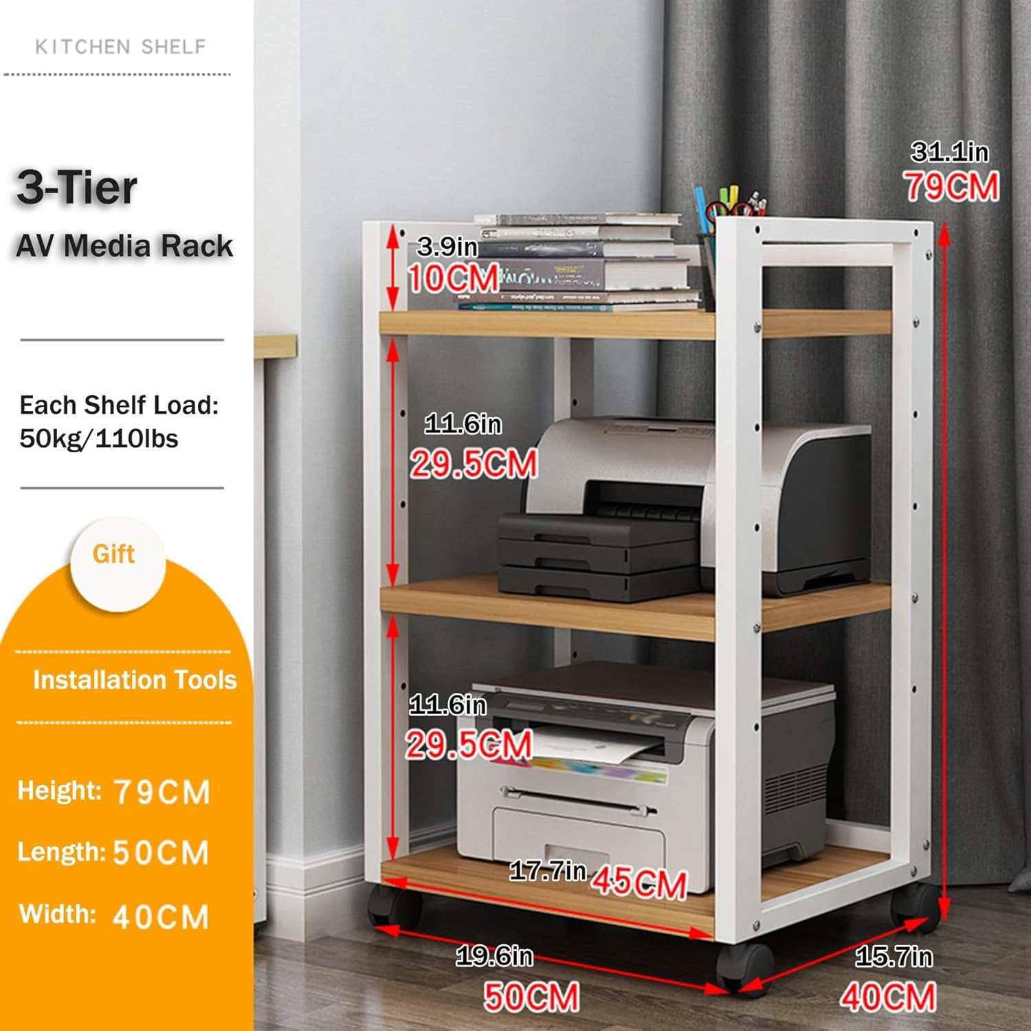Audio Video AV Media Stand Wooden Storage Stereo Cabinet 3-Tier Corner Shelf with Wheels Revolving Amplifier Console Shelving Game Shelves Tower hifi dvd Rack Record Player Stands for Living Room(Blac