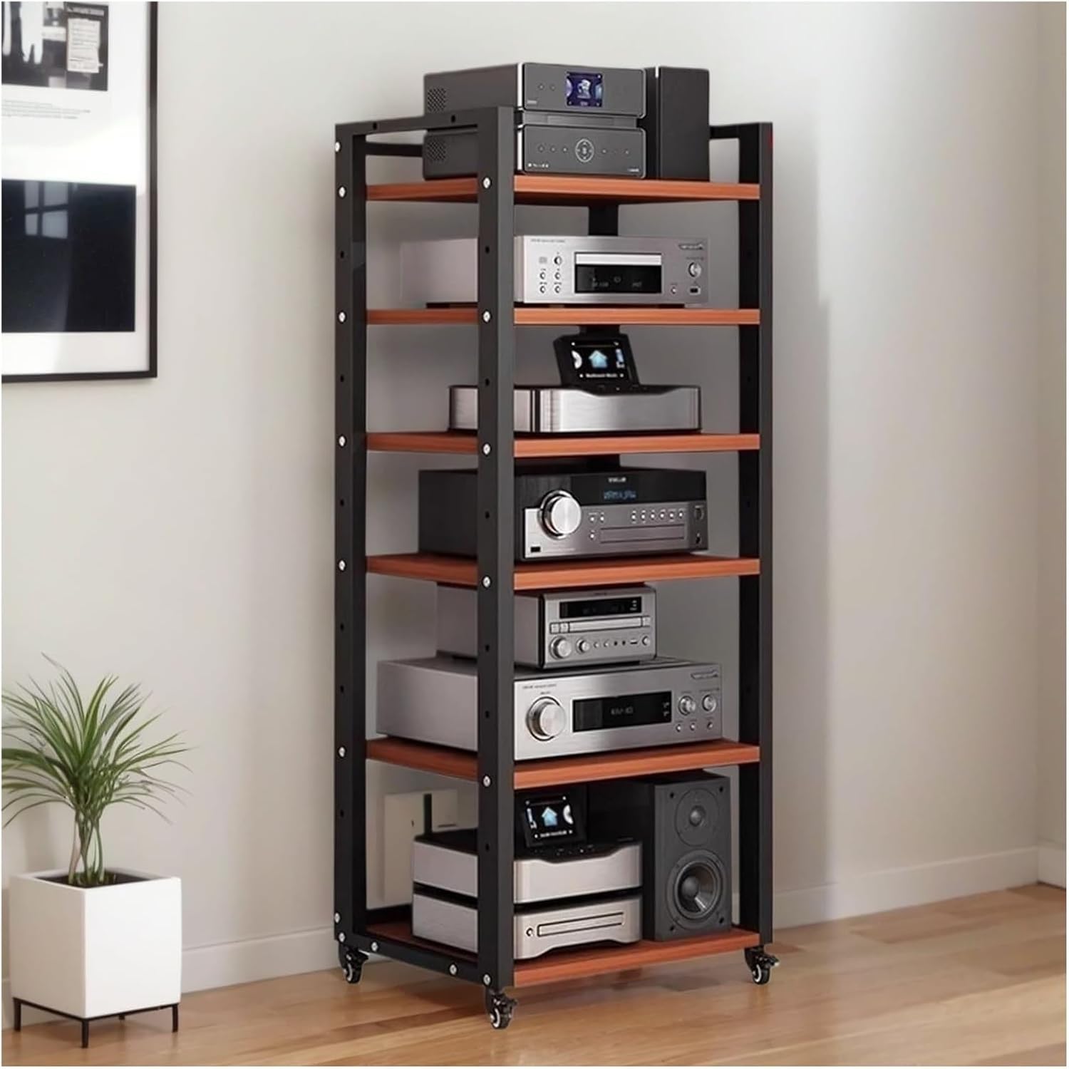 6-Tier Vintage Audio Rack Tower | Corner TV Console & AV Media Cabinet | Adjustable Shelves | Heavy Duty Stereo Stand | Home/Office/Theater Storage Solution(Black)