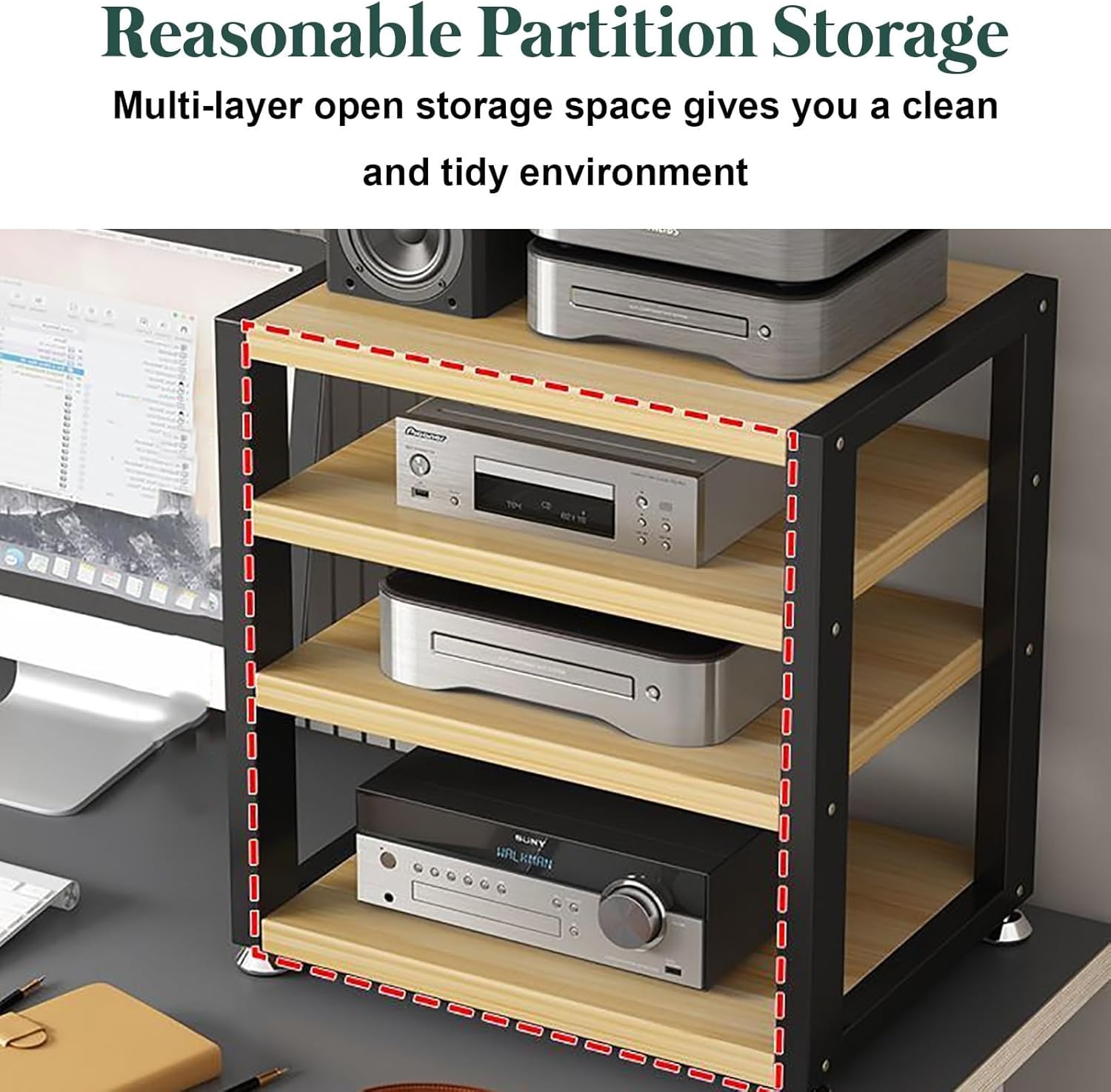 WBRSybUS Movable AV Media Stand with Wooden Shelf Portable Desktop Stereo Rack for Video