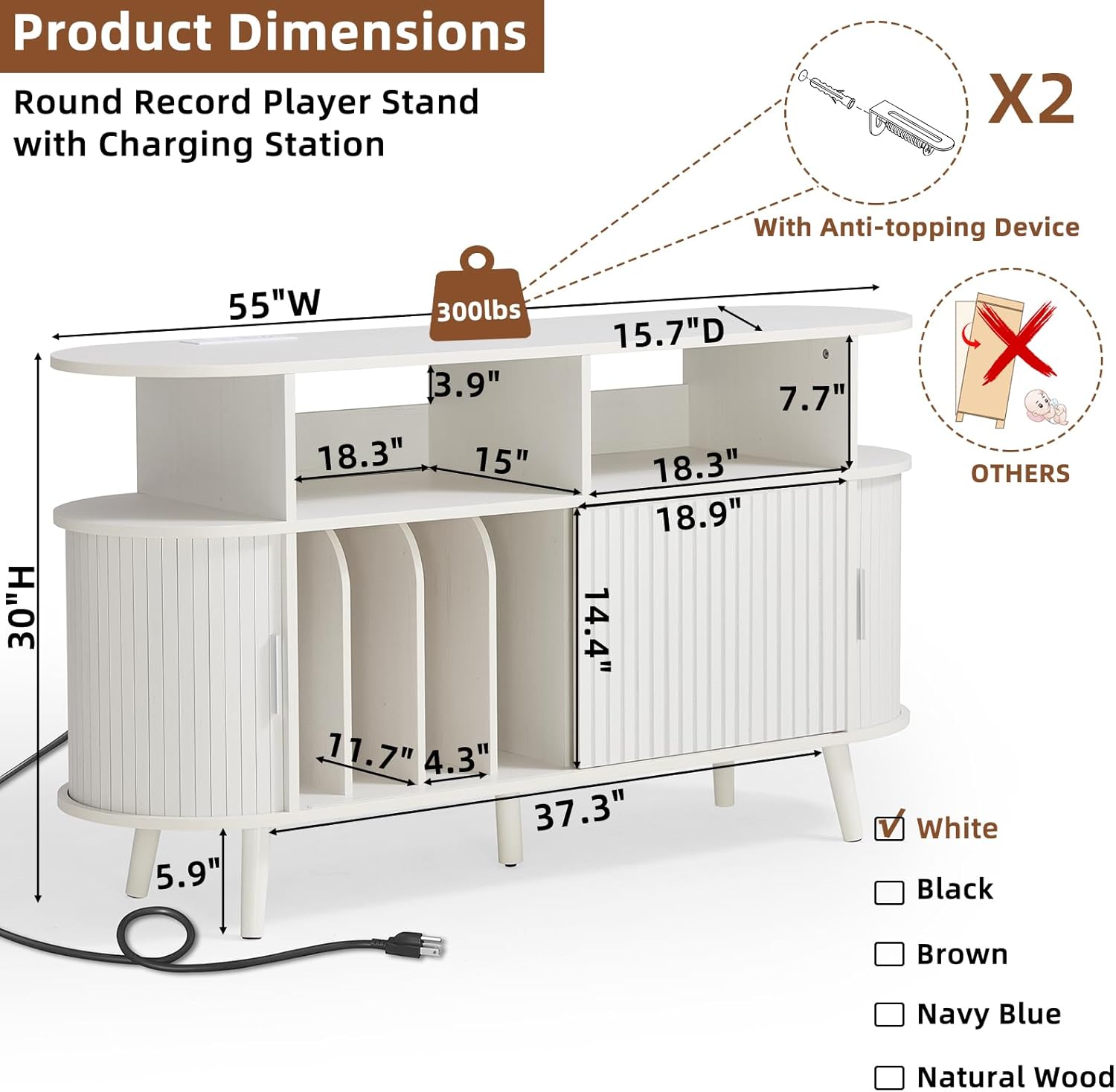 LELELINKY Large Round Record Player Stand with Charging Station & Fluted Panel