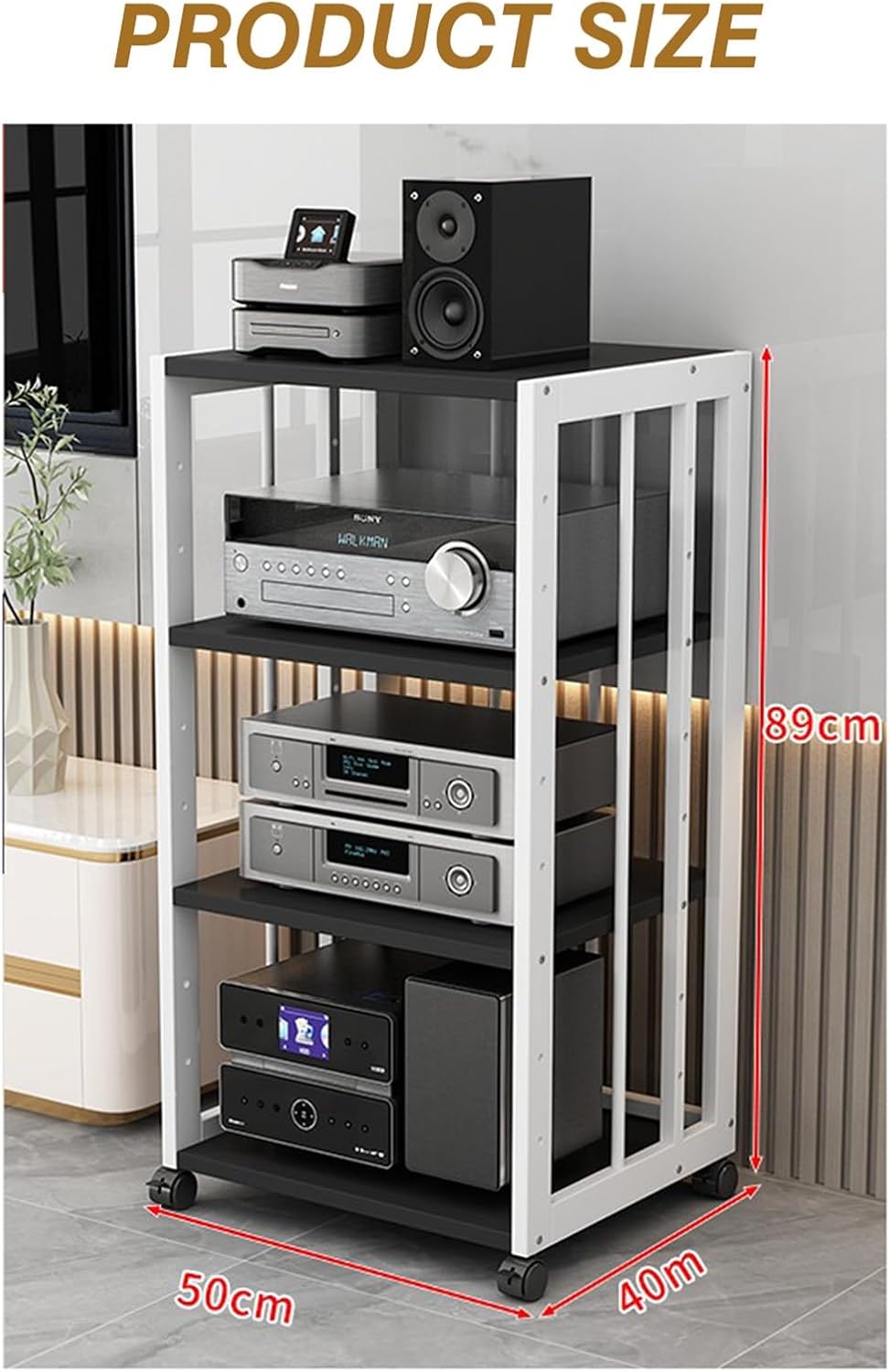 WUHUQN Media Stand 4-Layer Removable Audio Stand Media Player Stand Adjustable Open Storage Rack Floor Standing Shelf Cabinet for Home/Office/Audio Video/DJ/Theater