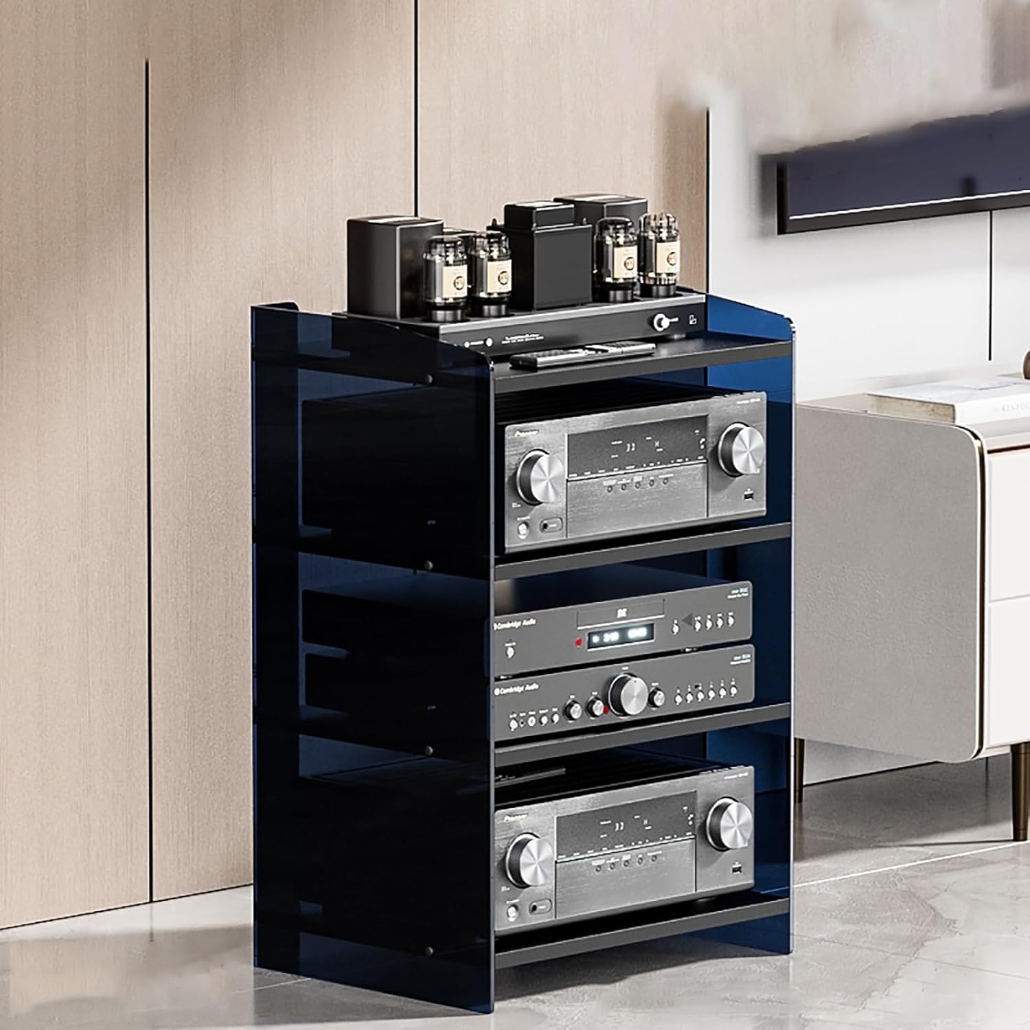 BAYTEWJX Black Stereo Components Storage Cabinet 3 Tier Floor-Standing Audio Rack Media Console Cabinet Modern Audio-Video Media Stand for Meeting Livingroom Gaming Recording Room.(52.2x40x79.4cm)