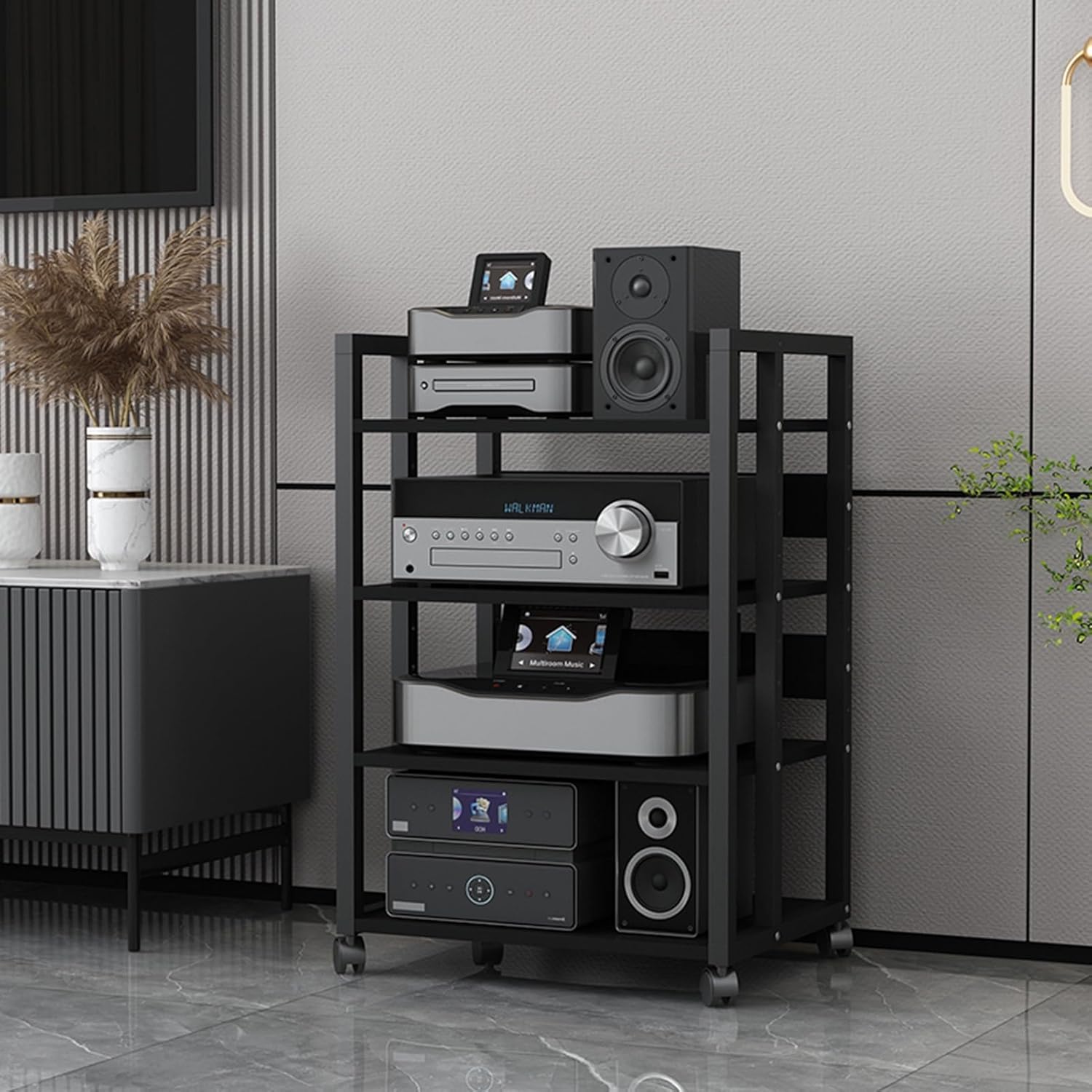 3/4/5/6-Tier AV Media Stand Audio Rack with Wooden Shelf and Steel Frame