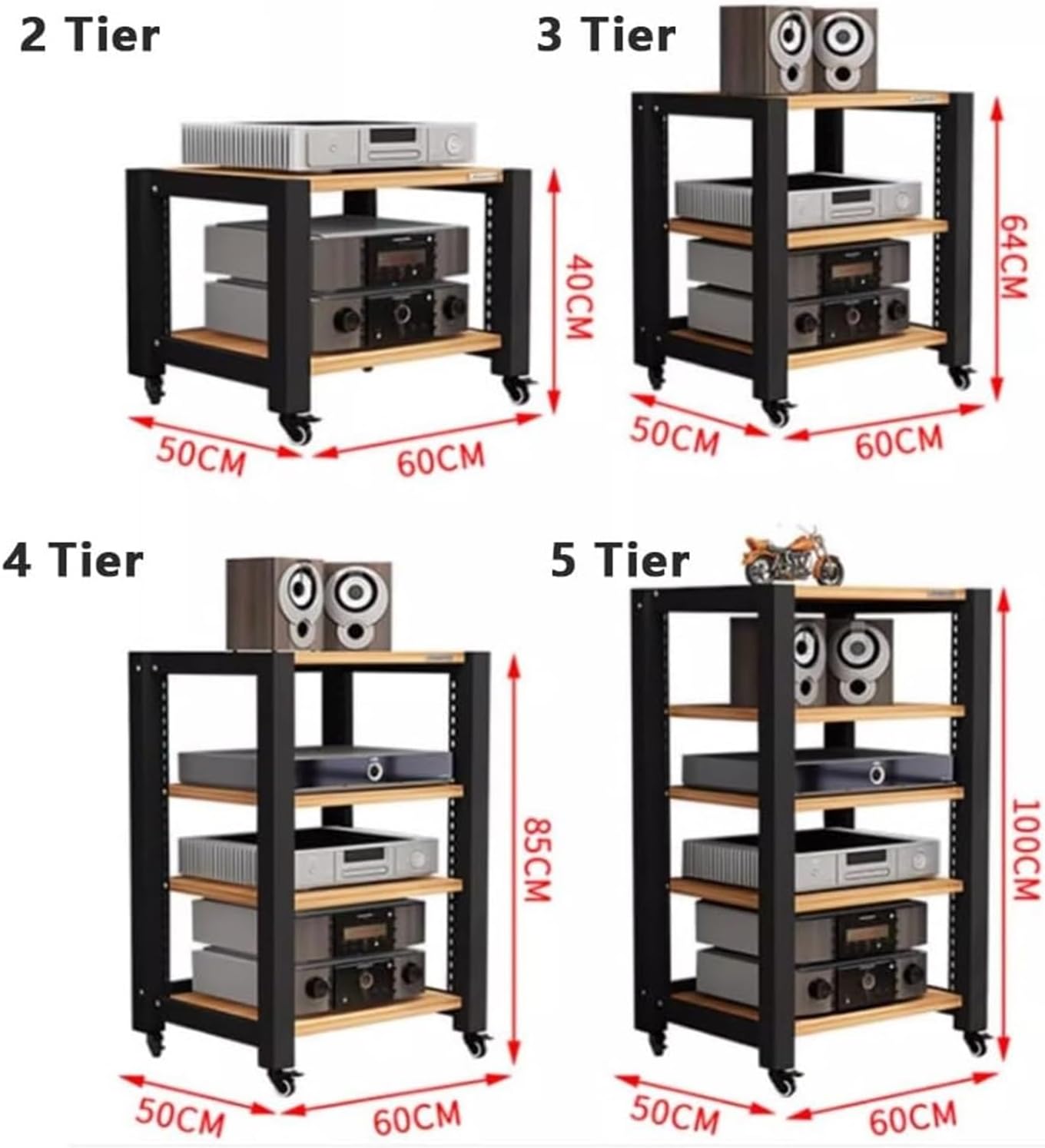 Heavy-Duty Adjustable HiFi Audio Rack with Wheels - Multifunctional Media Cabinet for Stereo Components
