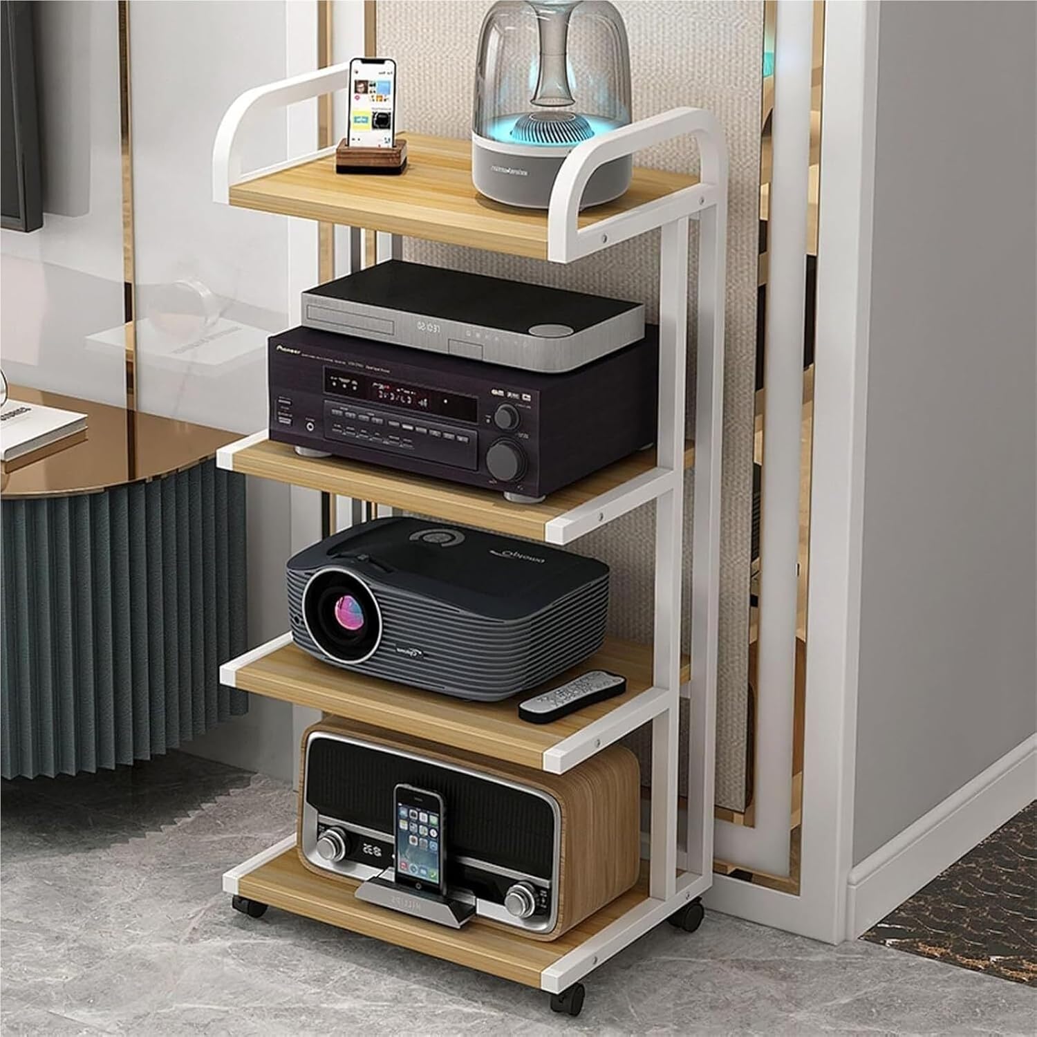 LemNin AV Media Stand AV Media Cabinet Stand 4-Tier Movable AV Media Cabinet Stand Stereo Component Cabinet Wooden Shelf(C)