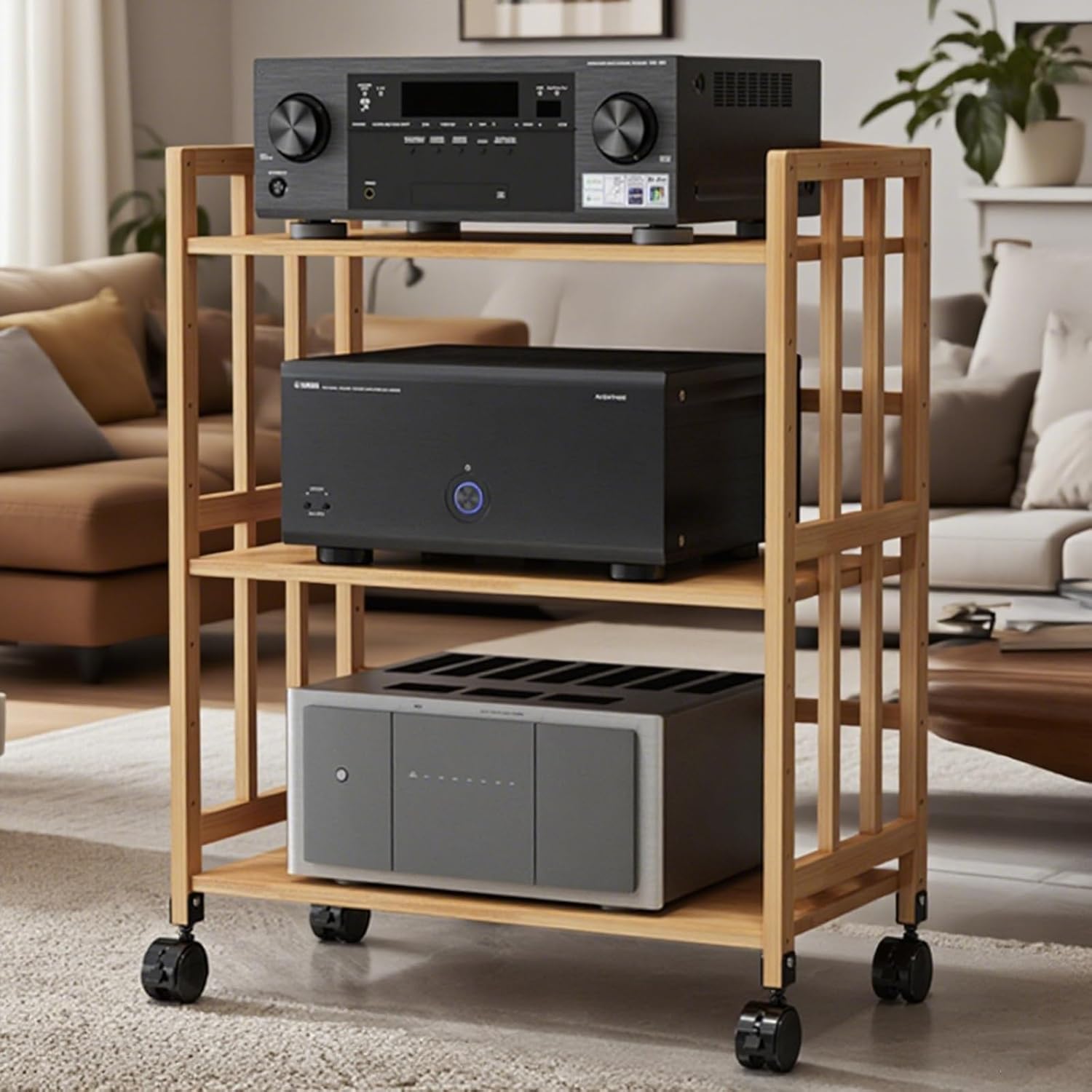 Wood Hifi Audio rack Tower cabinet with wheels