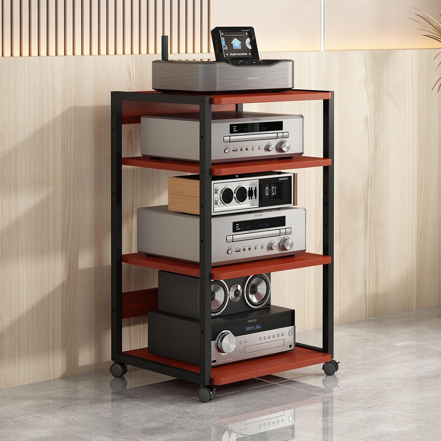 KOMFGT Modern 4-Tier Av Media Console Rack Stereo Stand Cabinet for Game Systems & Audio Equipment Corner Entertainment Center with Wooden Shelves