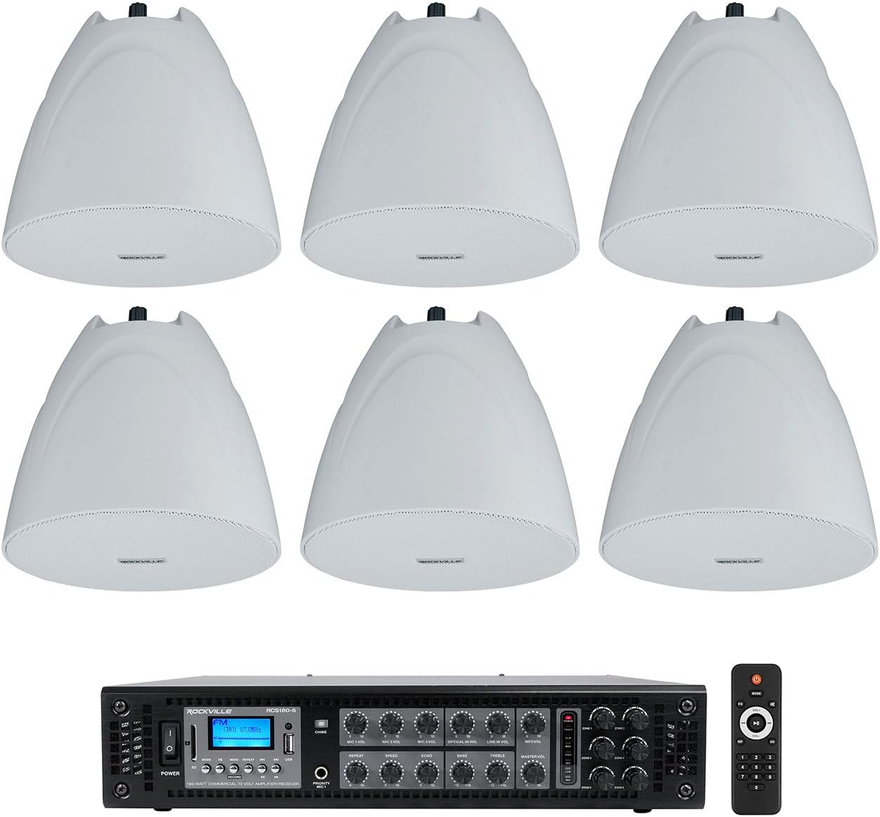 Rockville RCS180-6 Bundle: 180-Watt 6-Zone 70V/100V Commercial Amplifier with Bluetooth