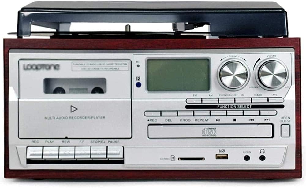 EHVYBDX Bluetooth Vinyl Record Player Turntable CD Cassette AM/FM Radio and Aux in with USB Port & SD EncodingRemote Control Built-in-Red Recorder