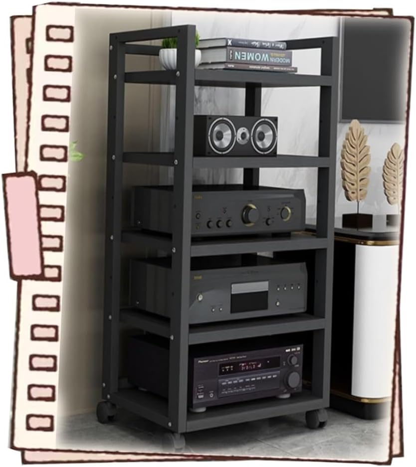 NILZA Media Storage Shelves 4/5/6 Tier Audio Video Media Stand Cabinet Multi-Function Audio Stand Stereo Rack with Height Adjustable Wooden Shelf & Wheels(Black