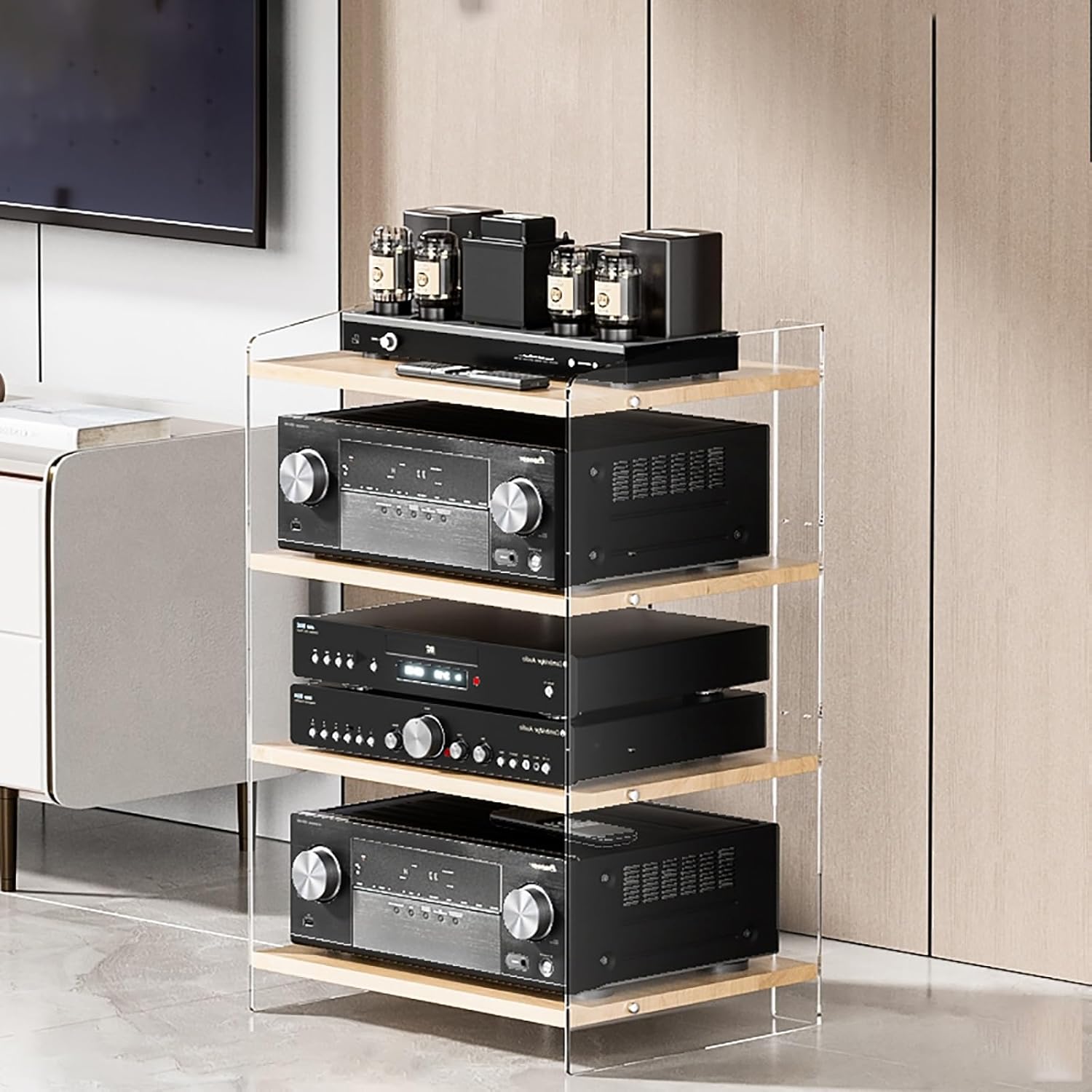 Media Stand Gaming Shelf Tall Audio Video Rack Cabinets Entertainment Stereo Stand Media Tower AV Media Stand Corner Shelf for Livingroom Gameroom Recording Studio Bedroom.(Original wood