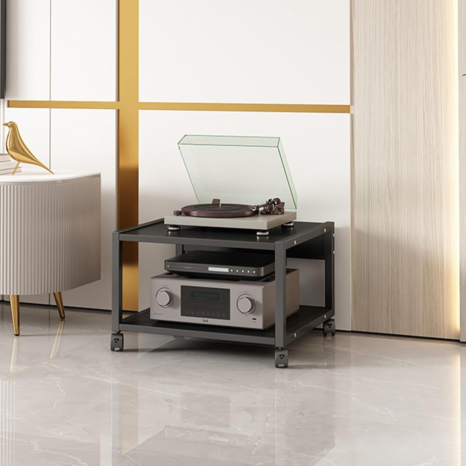 2 Tier Movable AV Media Stand Amplifier Rack CD Player Stand Corner Audio Tower Stereo Component Cabinet with Storage Wooden Shelves and Steel Frame for Home Office Theat