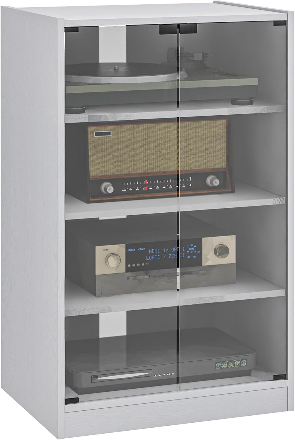 AMNOOI Modern 4-Tier Media Cabinet with Tempered Glass Doors