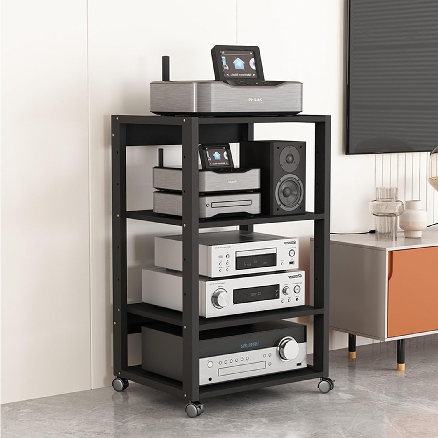 4-Tier Metal Steel Shelf Media Stand Audio/Video Component Cabinet with Wooden Shelf for Home/Office/Audio Video/DJ/TV/Theater