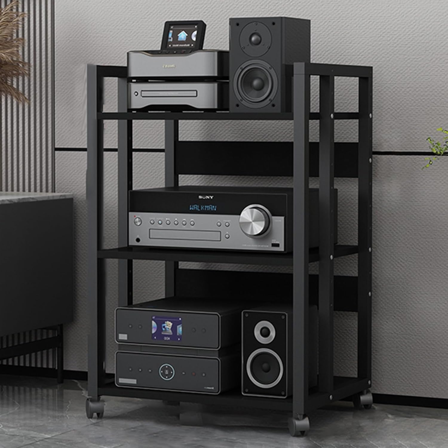 Media Storage Cabinet Stereo Cabinet Small Media Console 4-Tier AV Media Stand Corner Shelf Stereo Audio Rack Stand Tower Corner TV Entertainment Center for Living Gaming Recording Room(50x40x79cm/19.