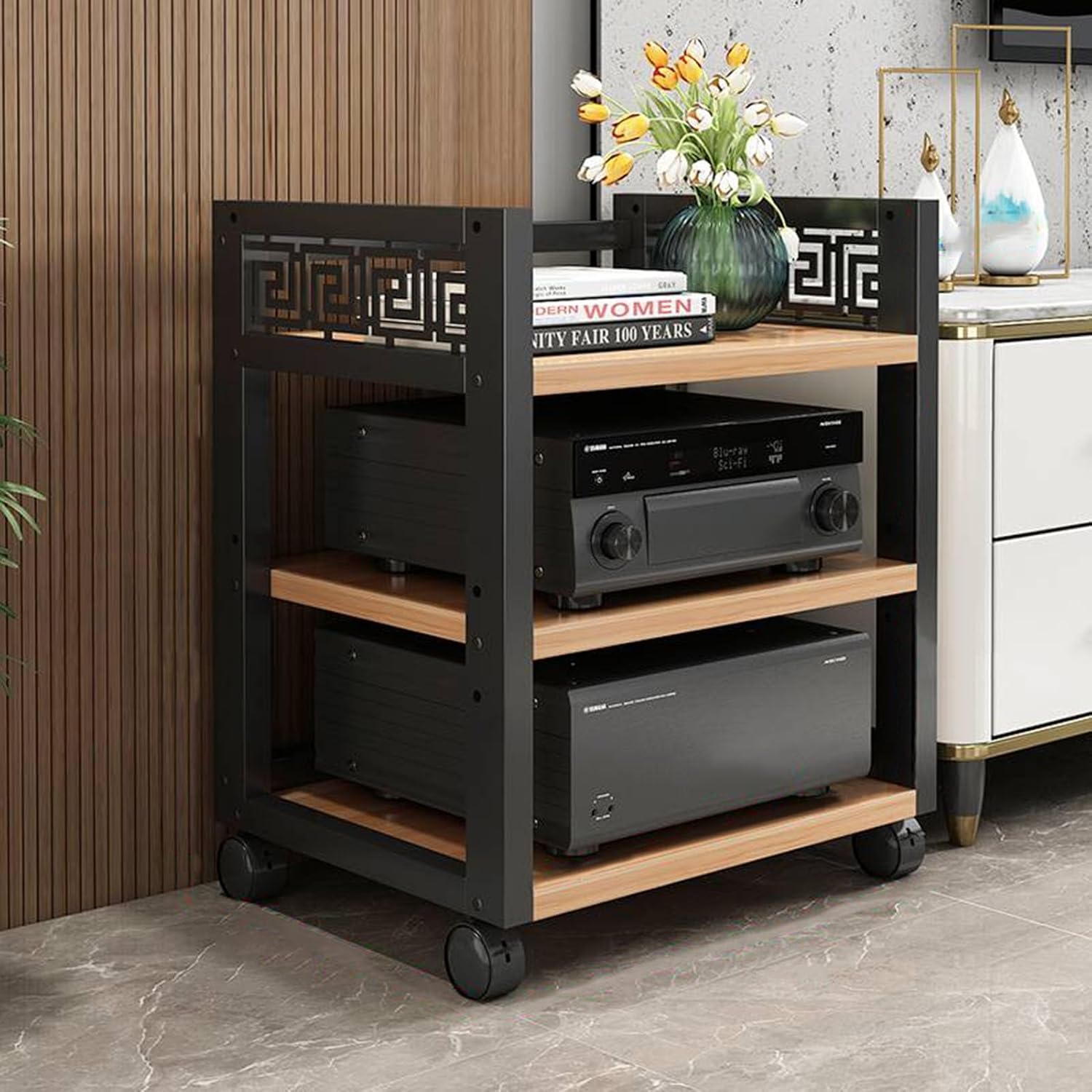 3/4/5-Tier AV Media Stand Movable Wooden Corner Shelf Audio/Video Component Cabinet Stereo Stand Audio Tower and Media Center