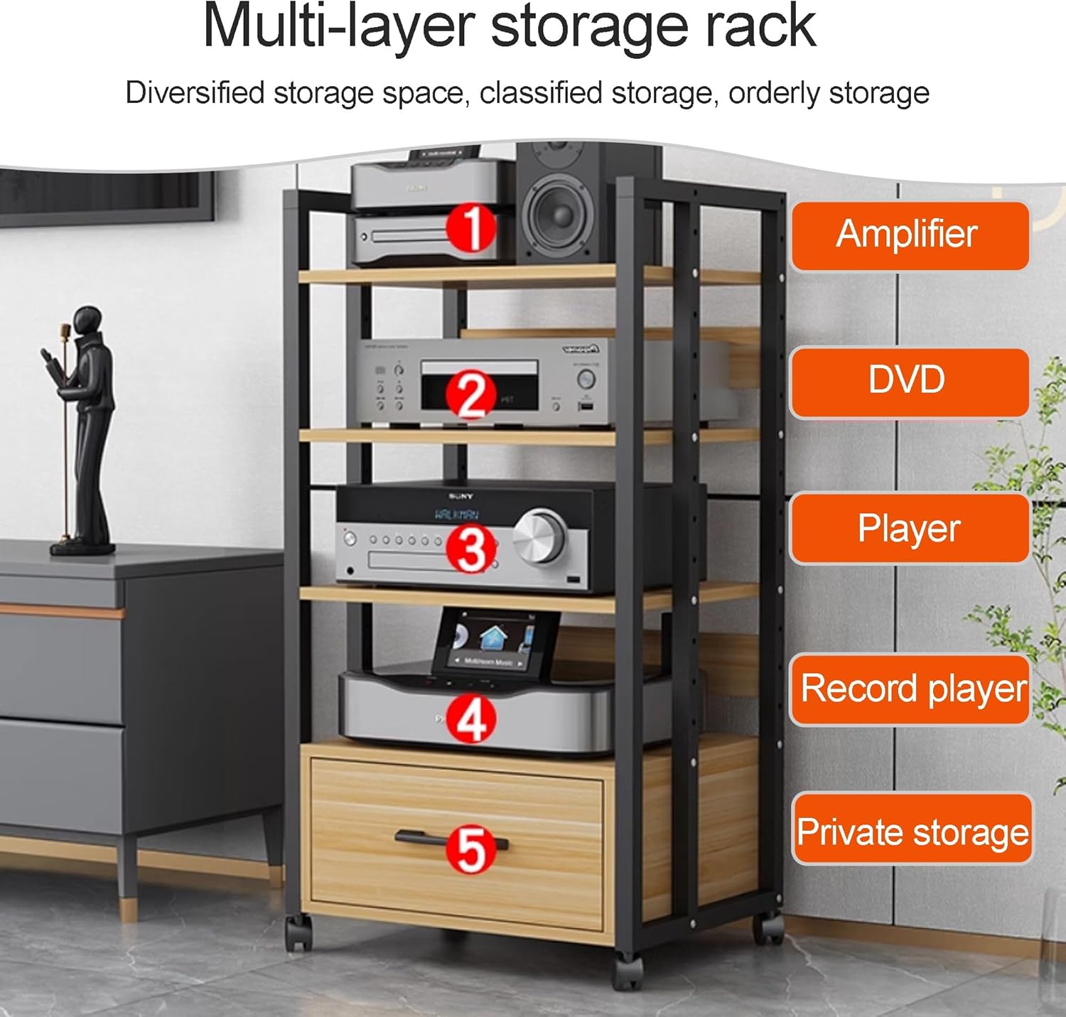 OVOGGPAN Large AV Media Stand Stereo Racks Audio-Video Shelving Media Console Stereo Cabinet with Storage Drawer for Office Bedroom Living Room Recording Room(Pomelo Wood