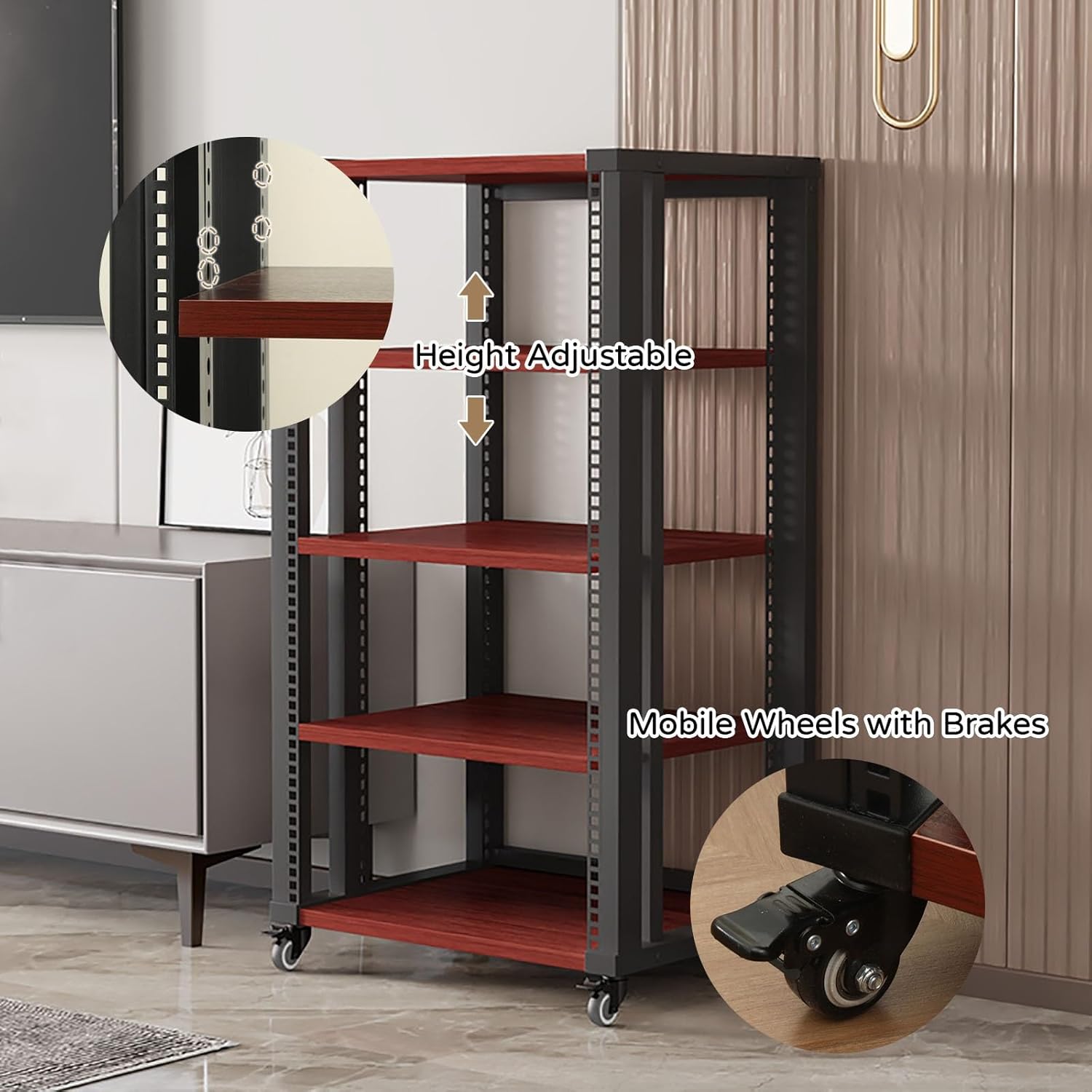 Sepsephiria AV Media Stand with Wheels 2/3/4/5 Audio Rack Tower Gaming Shelves Shelf Height Adjustable Stereo Racks and Stands loor Standing Removable Stereo Cabinet Easy to Assemble(Teak