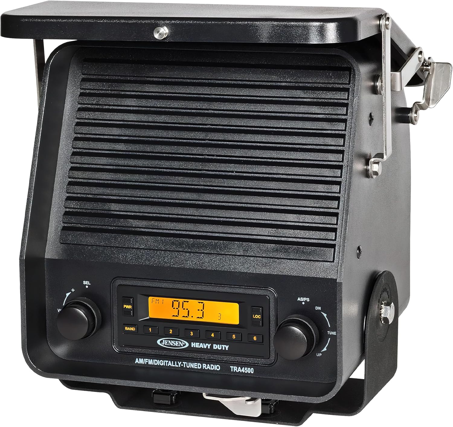 Jensen TRA4500 Self-contained Fender Mount Heavy Duty Radio and Speaker; 20W Max Power; 18 FM and 12AM Station Presets; ABS Housing; 3.5 mm Headphone Jack; 12V Positive or Negative Ground