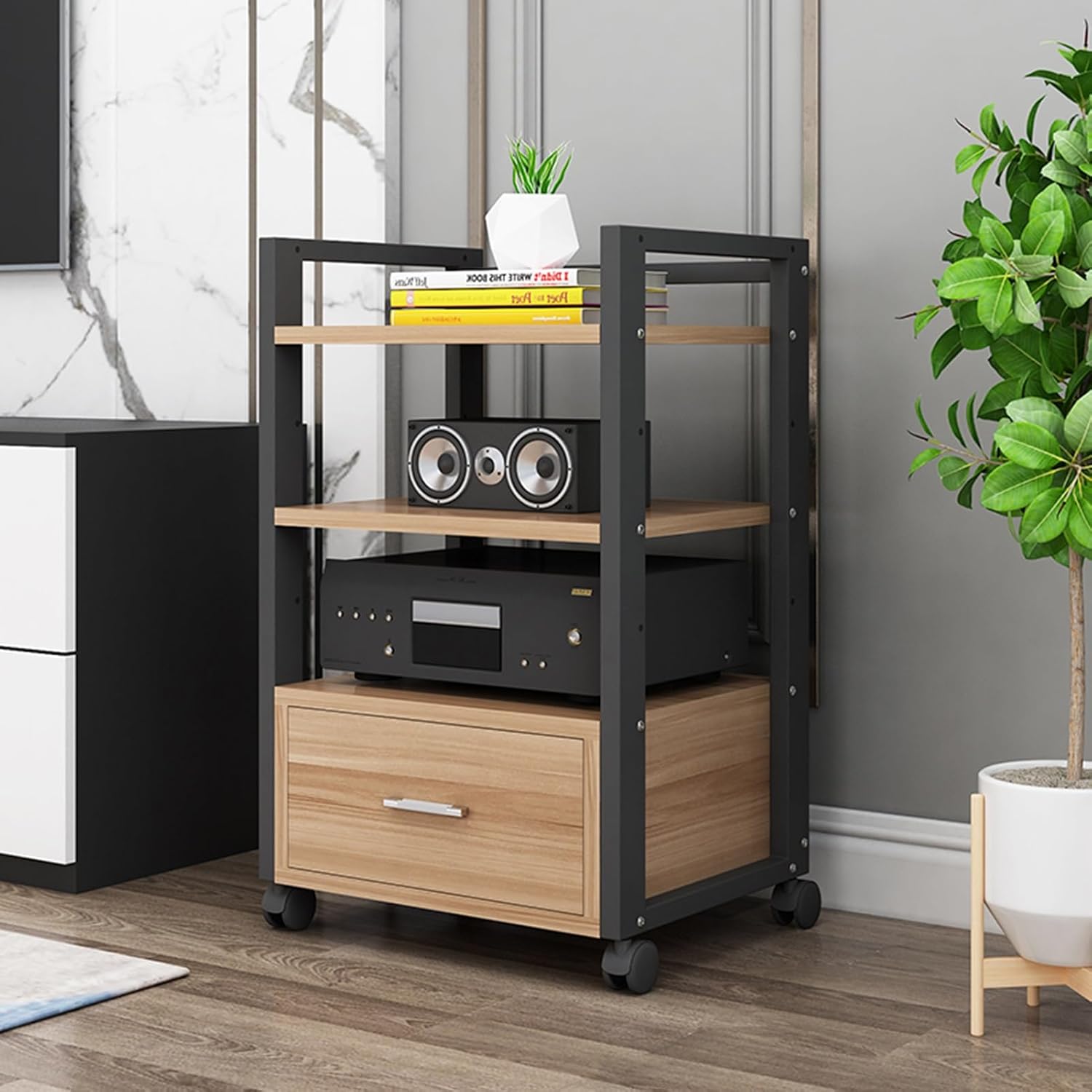 3/4/5-Tier Audio Rack CD Media Player Stand Audio/Video Component Cabinet Floor-Standing Movable Storage Shelf with Wheels and Drawers for Home/Office/Theater