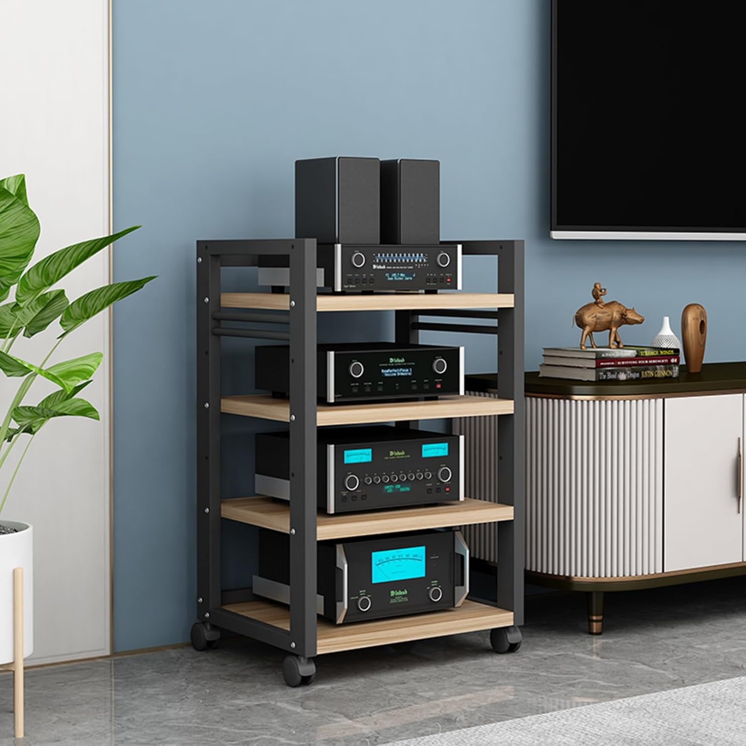 4/5-Tier Movable Amplifier Stand AV Media Stand CD Player Stereo Shelf Home Theatre Equipment Storage Shelf Multi-Function Open Cabinet Audio Video Component Cabinet (Color : E