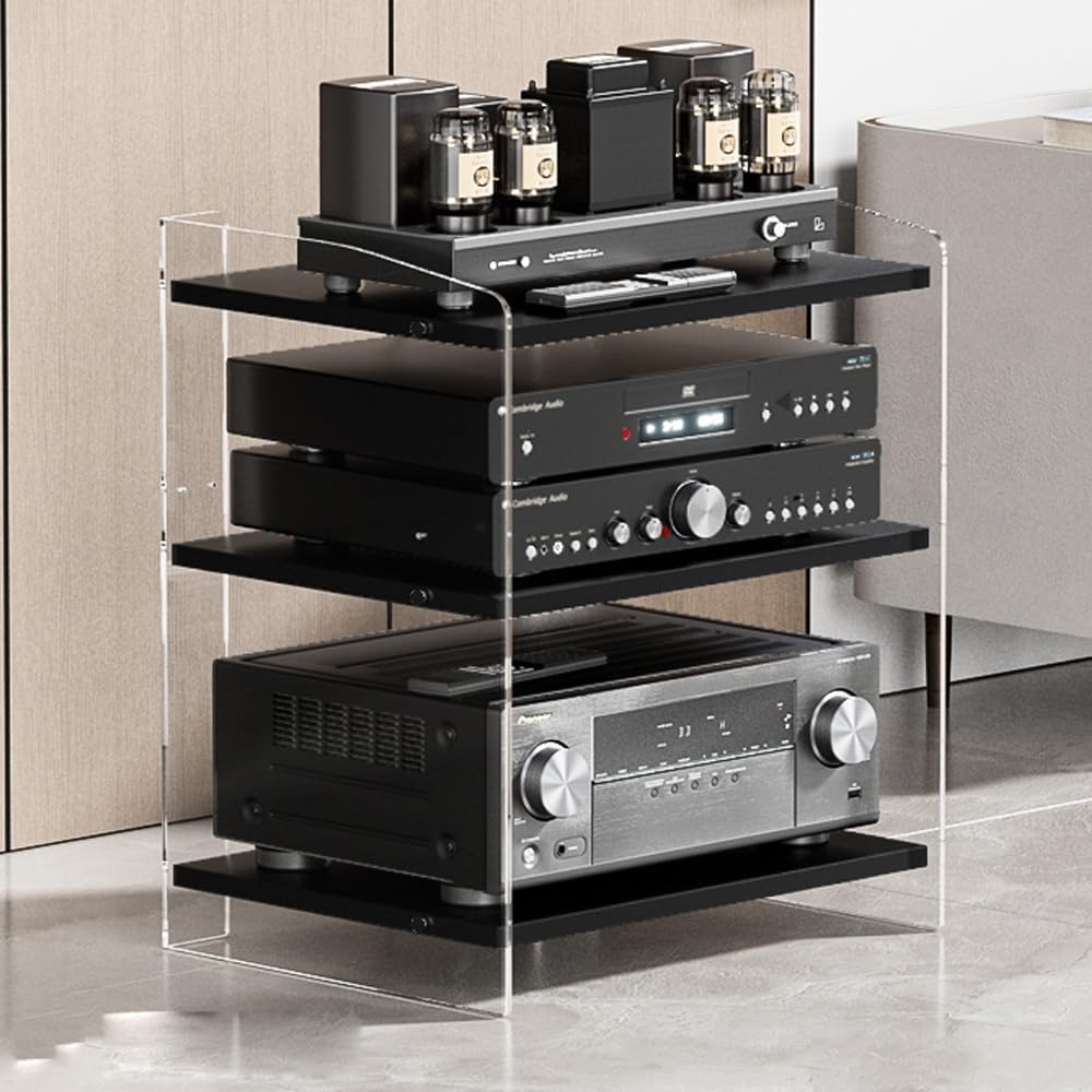 BERWDUXA Acrylic Audio Rack 3/4-Layer AV Media Stand Game Console Shelf Record Player Stand Adjustable HiFi Storage Shelves for Entertainment Stereo Component(Clear+Black