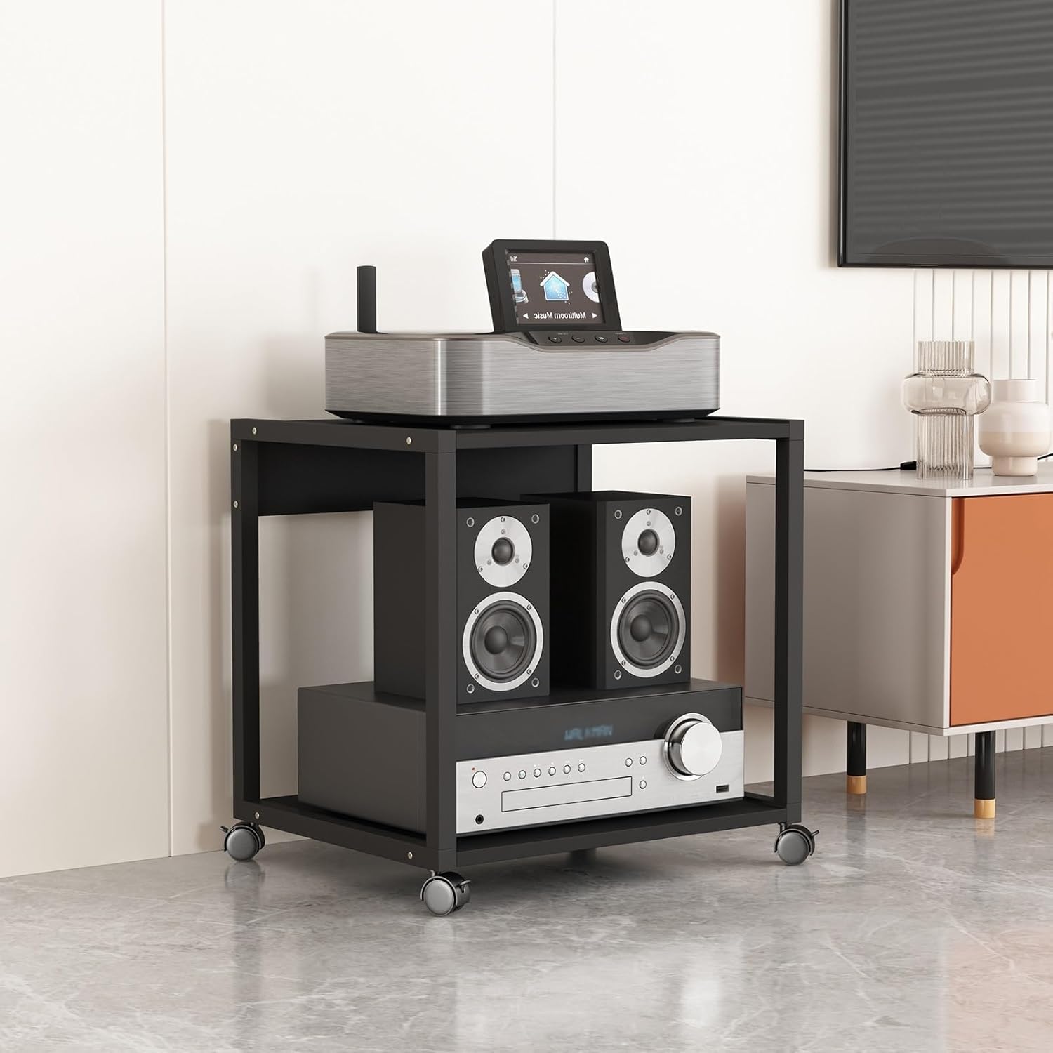 XingLi 2-Tier Movable Audio Video Rack Media Stand Living Room Corner TV Stand CD Player Stereo Component Cabinet Multi-Function Open Storage Shelf Multiple Sizes(Color:50x40x60cm)