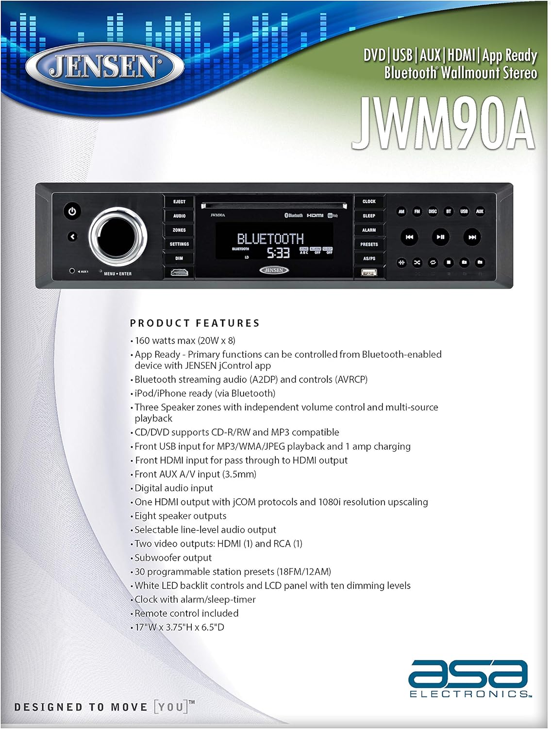 Jensen JWM90A Slimline 3-Zone Source Theater-Style Bluetooth Wallmount Stereo with App Control