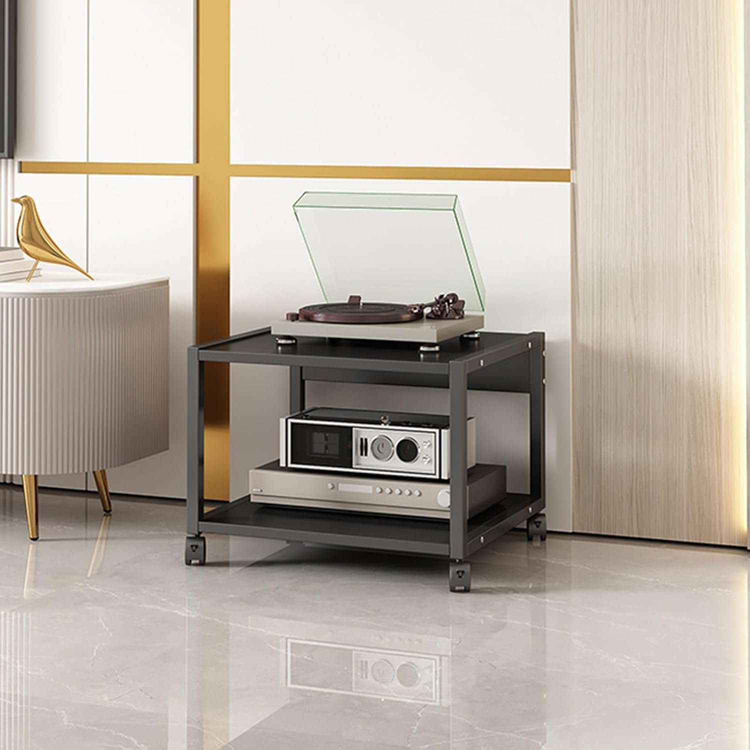 2 Tier Movable AV Media Stand Amplifier Rack CD Player Stand Corner Audio Tower Stereo Component Cabinet with Storage Wooden Shelves and Steel Frame for Home Office Theat