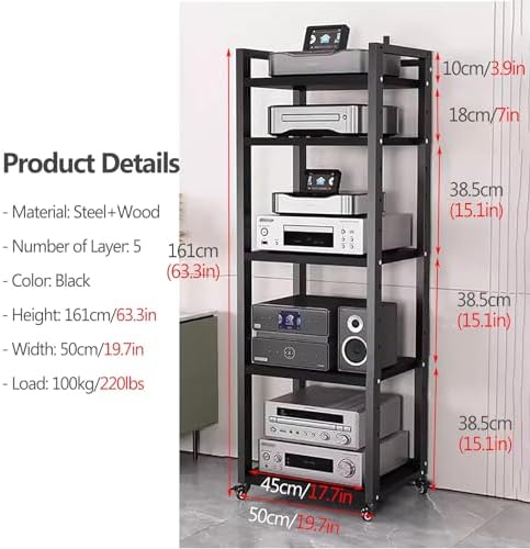 UYCVT Extra Tall Mobile Av Cart with Wheels - 5-Tier Stereo Rack for Home/Office Freestanding Media Stand for Audio/Video Equipment-Black-b-5 Shelf