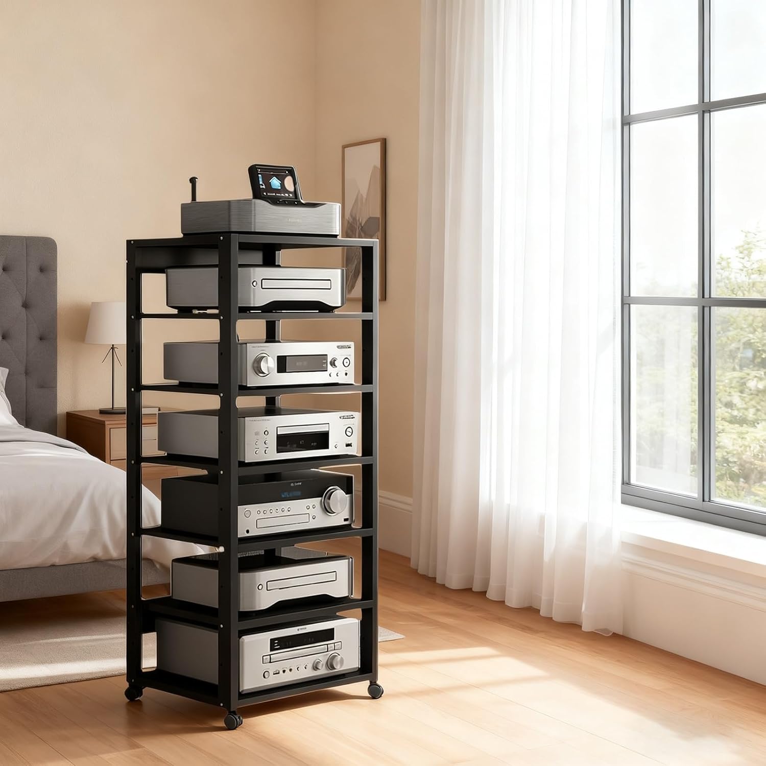 Black Adjustable Height 7 Shelf Audio Rack Stand