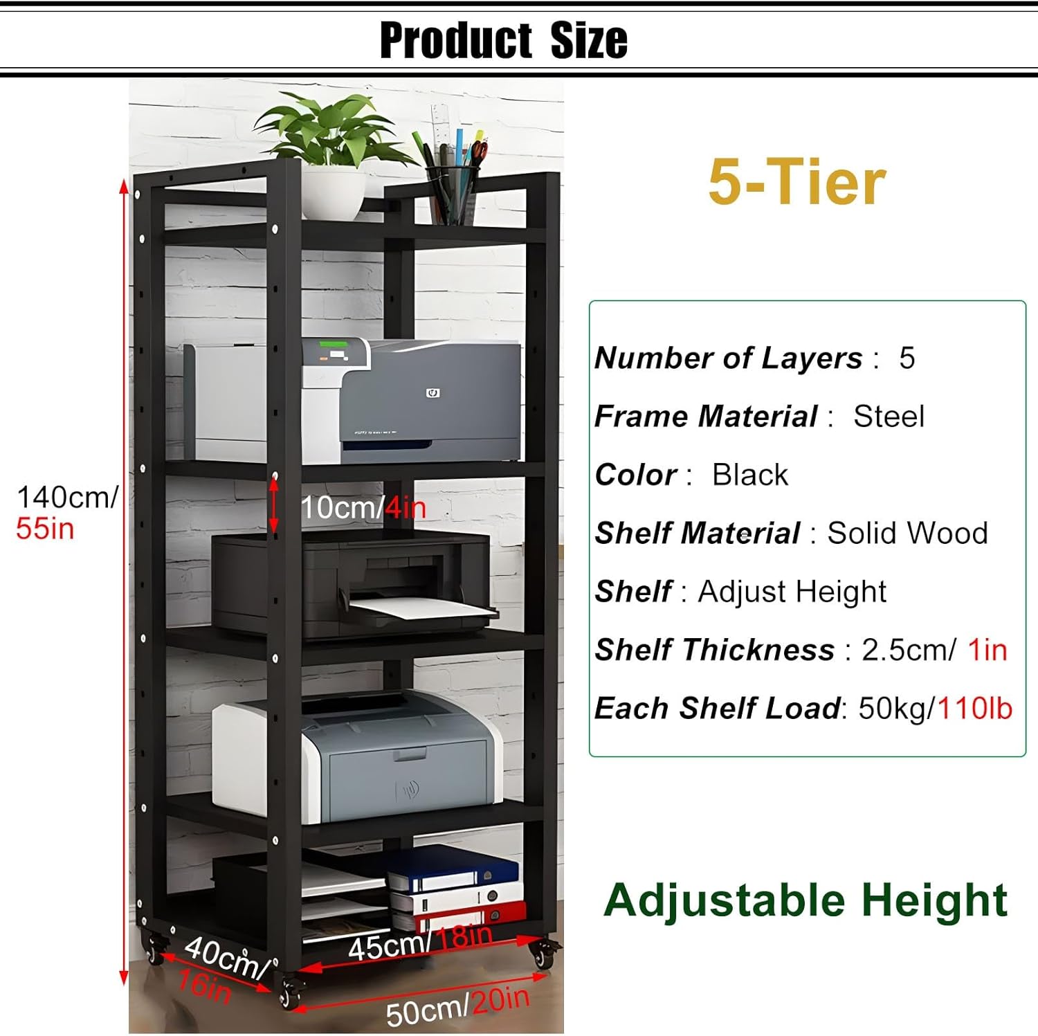 SRNSAEB 4/5/6/7 -Tier Movable AV Media Stand CD Player Stand Stereo Component Cabinet with Height Adjustable Wooden Shelf for Home/Office/Theater
