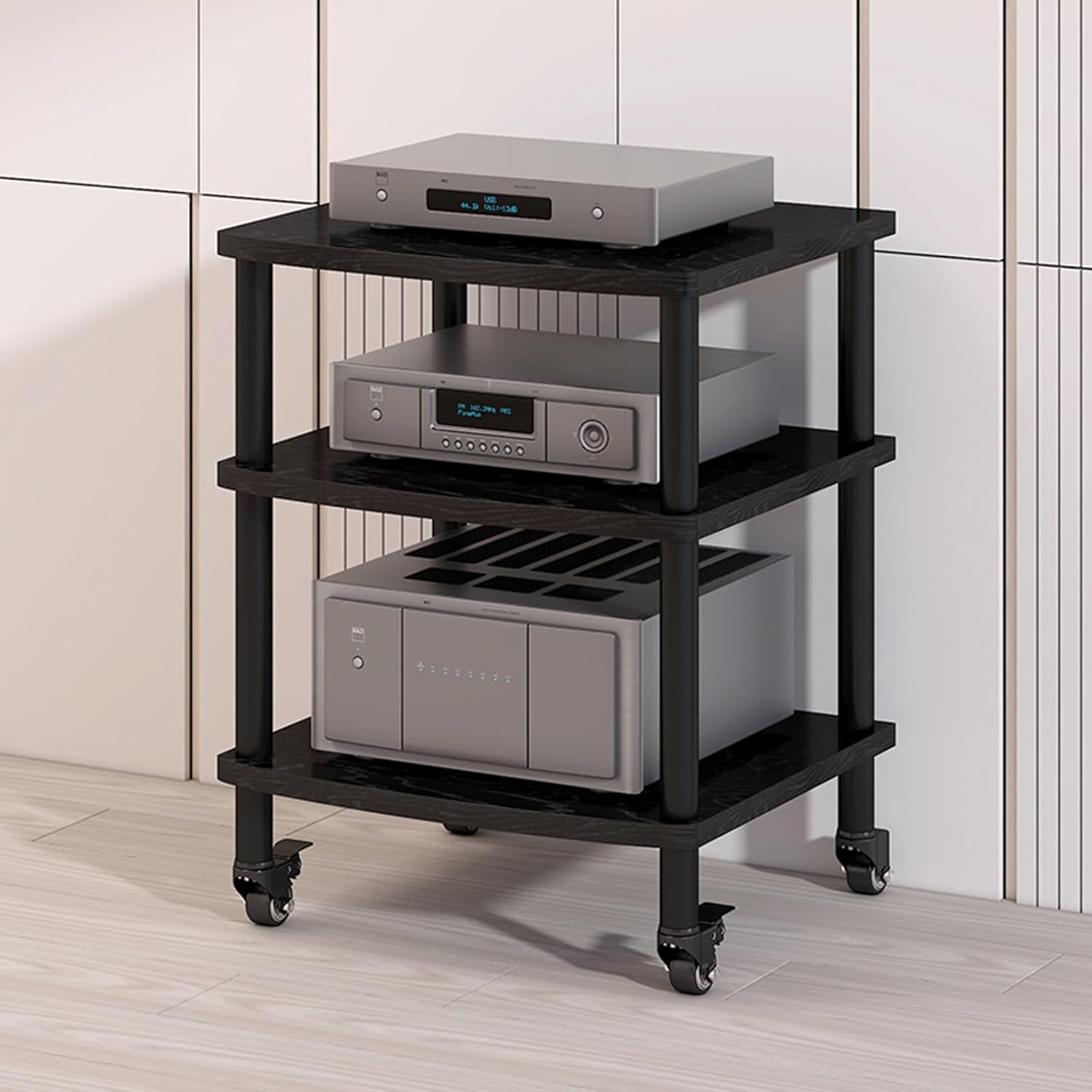 2/3/4-Tier AV Media Stand Record Player Stand with Storage Walnut Vinyl Holder Storage Shelf for Record Player Wooden Stereo Cabinet Audio Rack Tower for Entertainment Stereo Components for Gaming(Dee