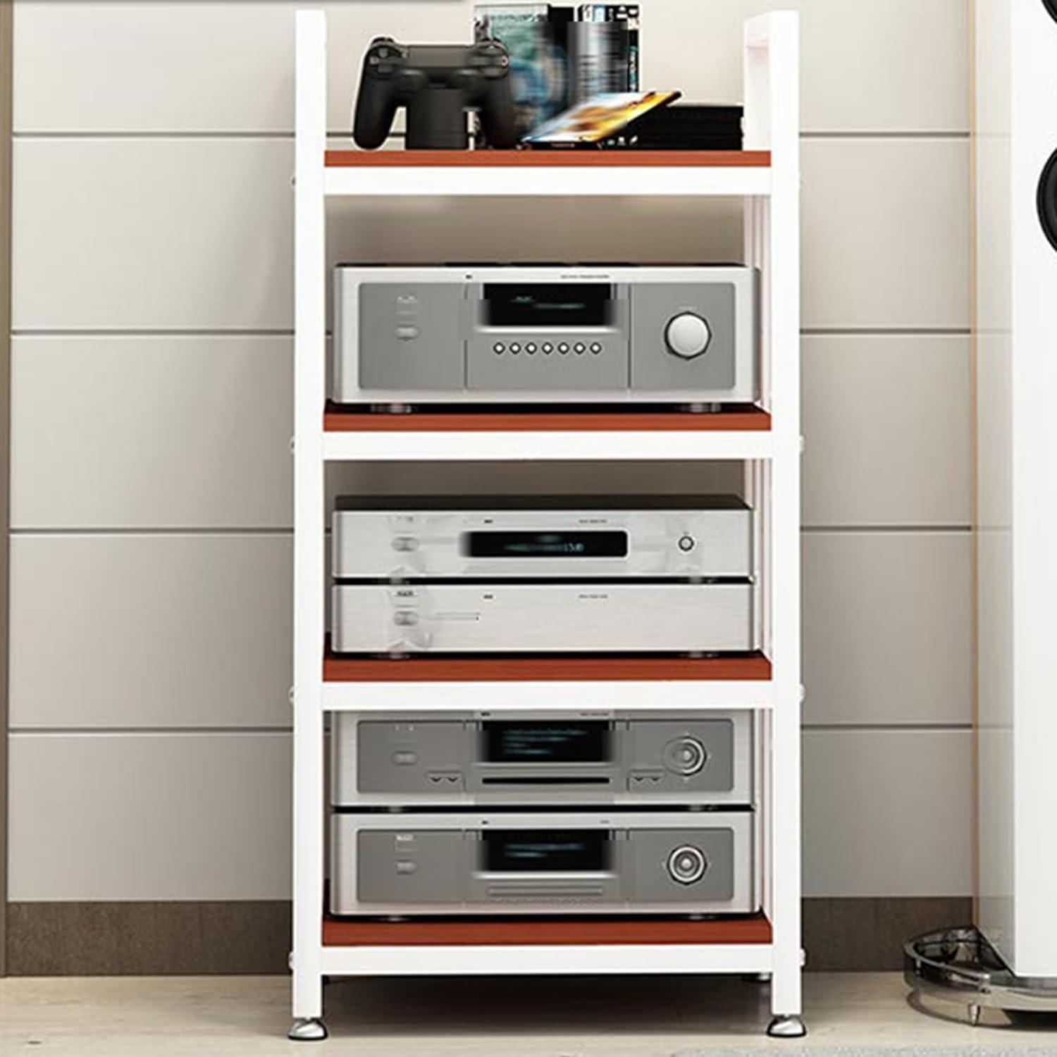 4-tier Media Stand Audio-video Shelving Stereo Console Stand Tower Rack Wooden Cabinet Open-Ended Electronics Equipment Shelf with Height Adjustable Shelves for TV Box/DVD Player Gaming Rec Room(White