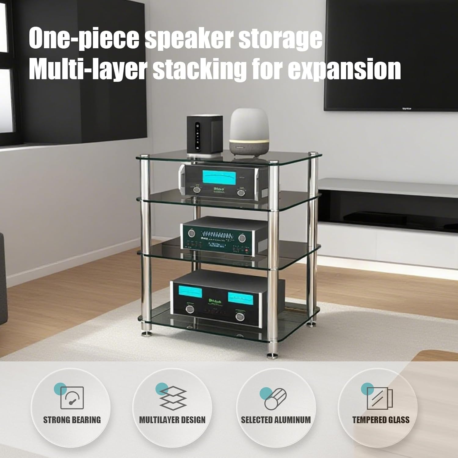 Audio Rack Tower with Tempered Glass Media Storage