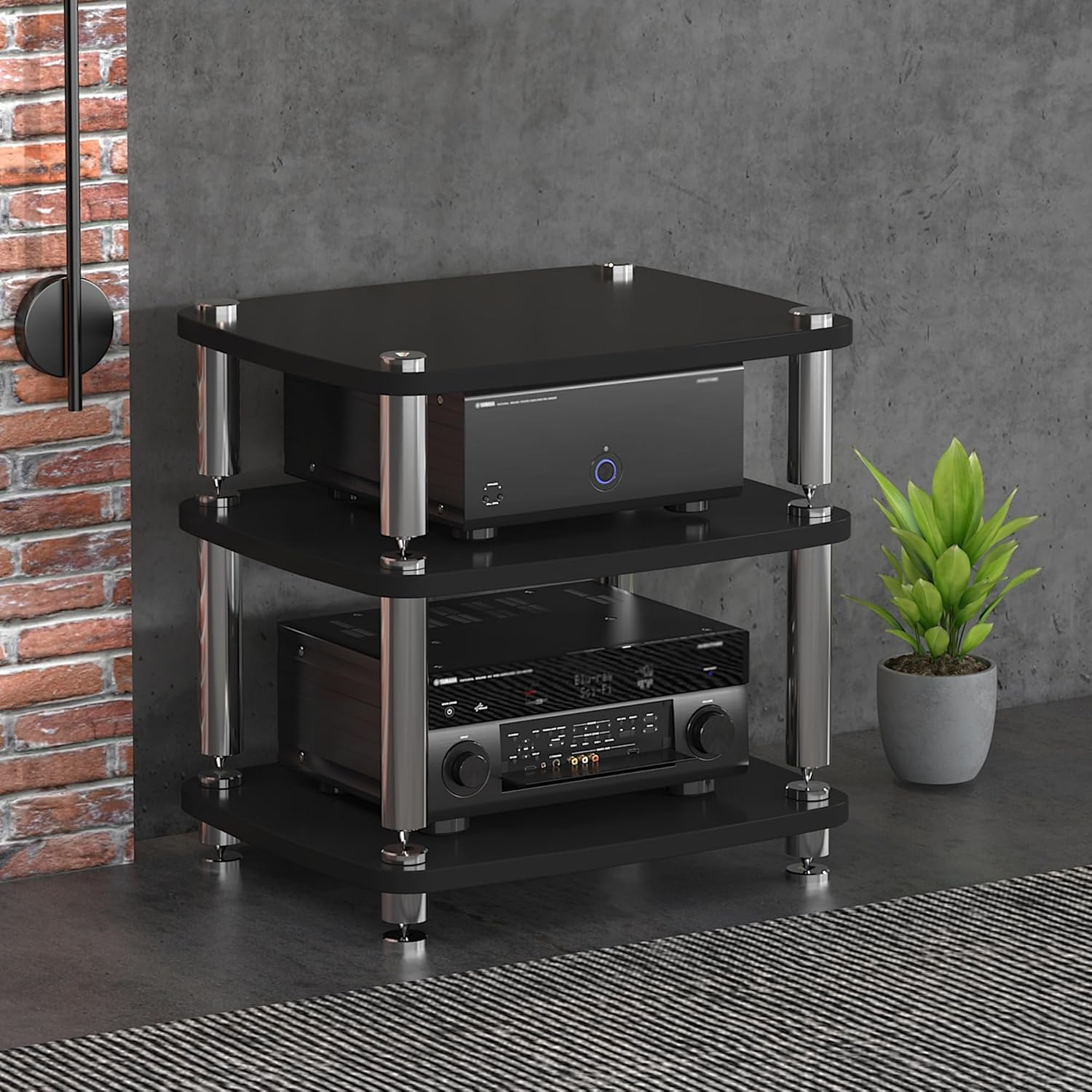 1/2/3/4 Tier AV Media Shelf Record Player Corner TV Stand Audio Rack Stereo Cabinet Split Shock Absorber Design for Entertainment Center Living Room Game Room Music Studio(Black