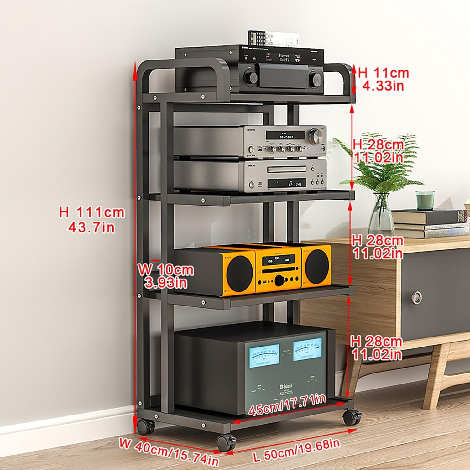 Media Shelf Movable Corner Storage Shelf with Universal Wheel 3/4/5 Tier Floor-Standing Audio Rack High Amplifier Rack Shelf/Audio-video Shelving for Living Gaming Recording Room.(Black