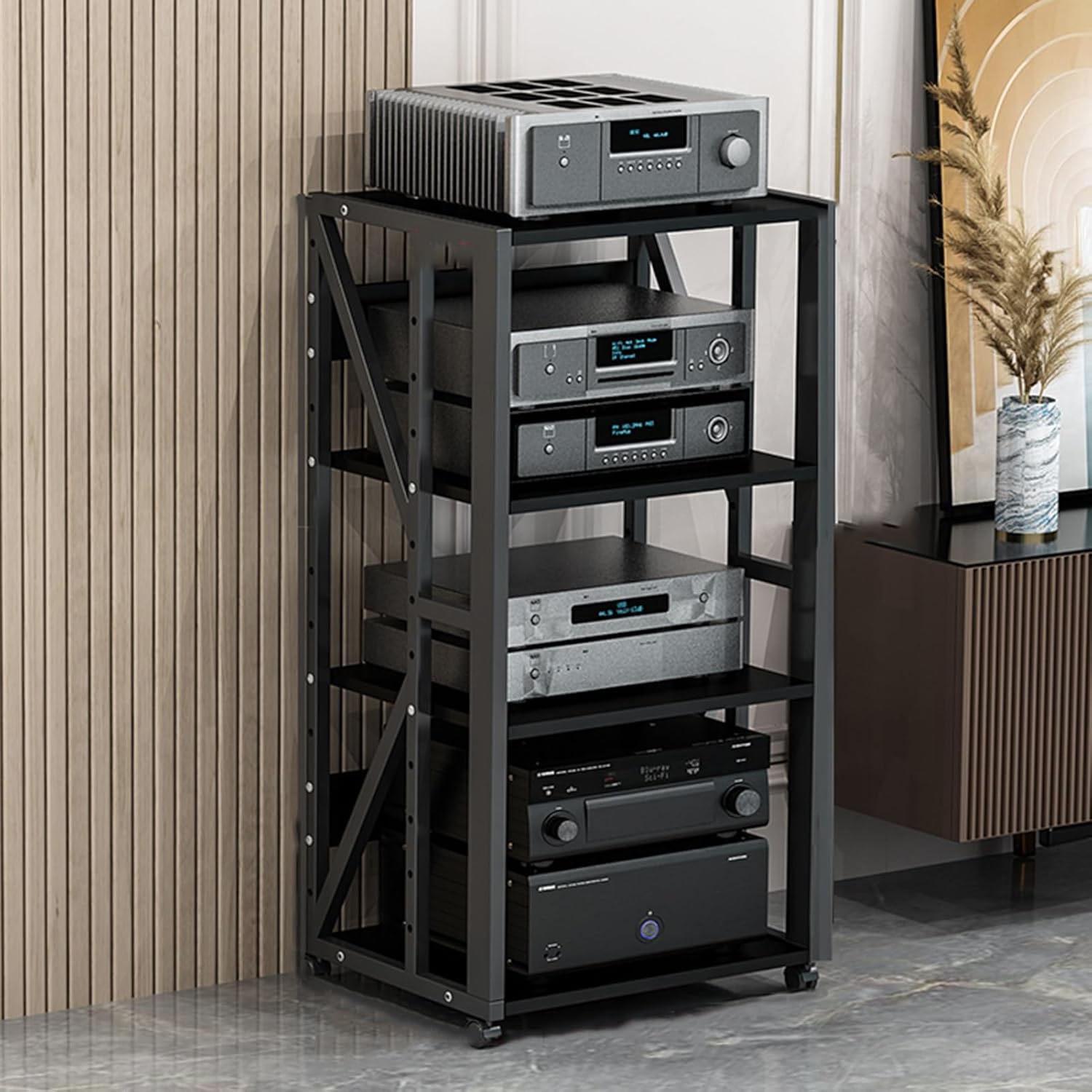 YLQFGUVWK 4 Tier AV Media Stand Corner Shelf Bracket Wooden Corner Shelf Component Cabinet Stereo Rack Audio Tower With Height Adjustable Wood Shelf For Home/Office/Audio Video/DJ/Theater(Black)