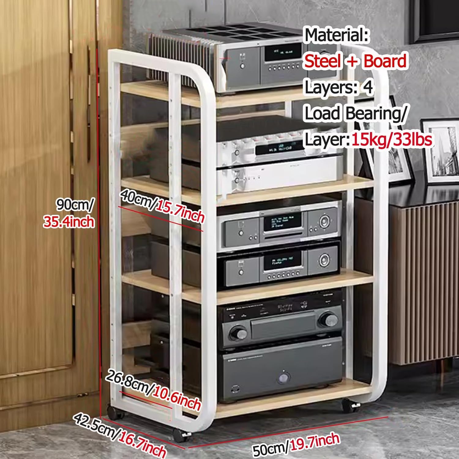 Audio Video Media Stand Cabinet with Height Adjustable Shelf & Wheels
