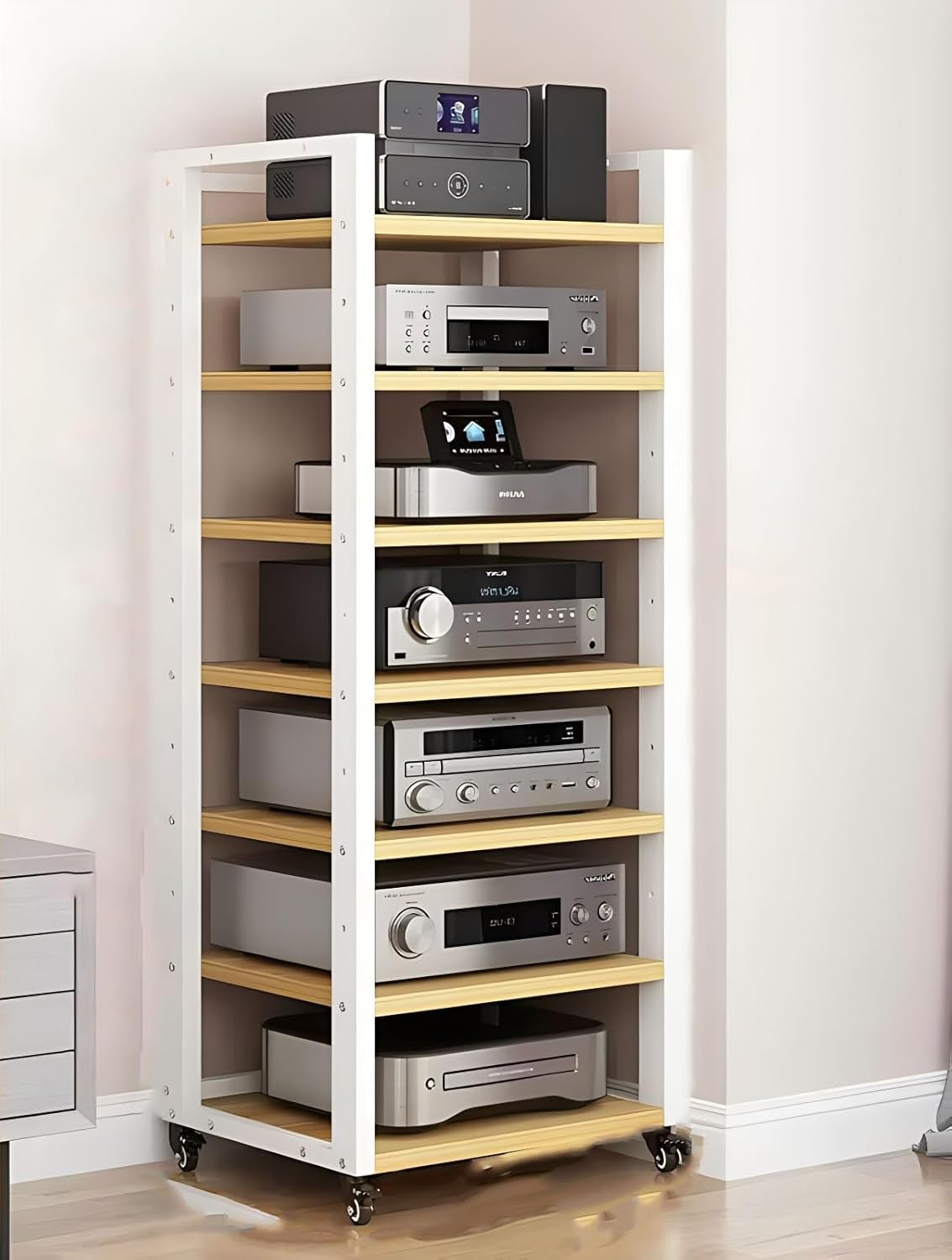 Heavy-Duty 7-Tier Audio Equipment Stand on Wheels - White Media Storage Shelf for Home Organization