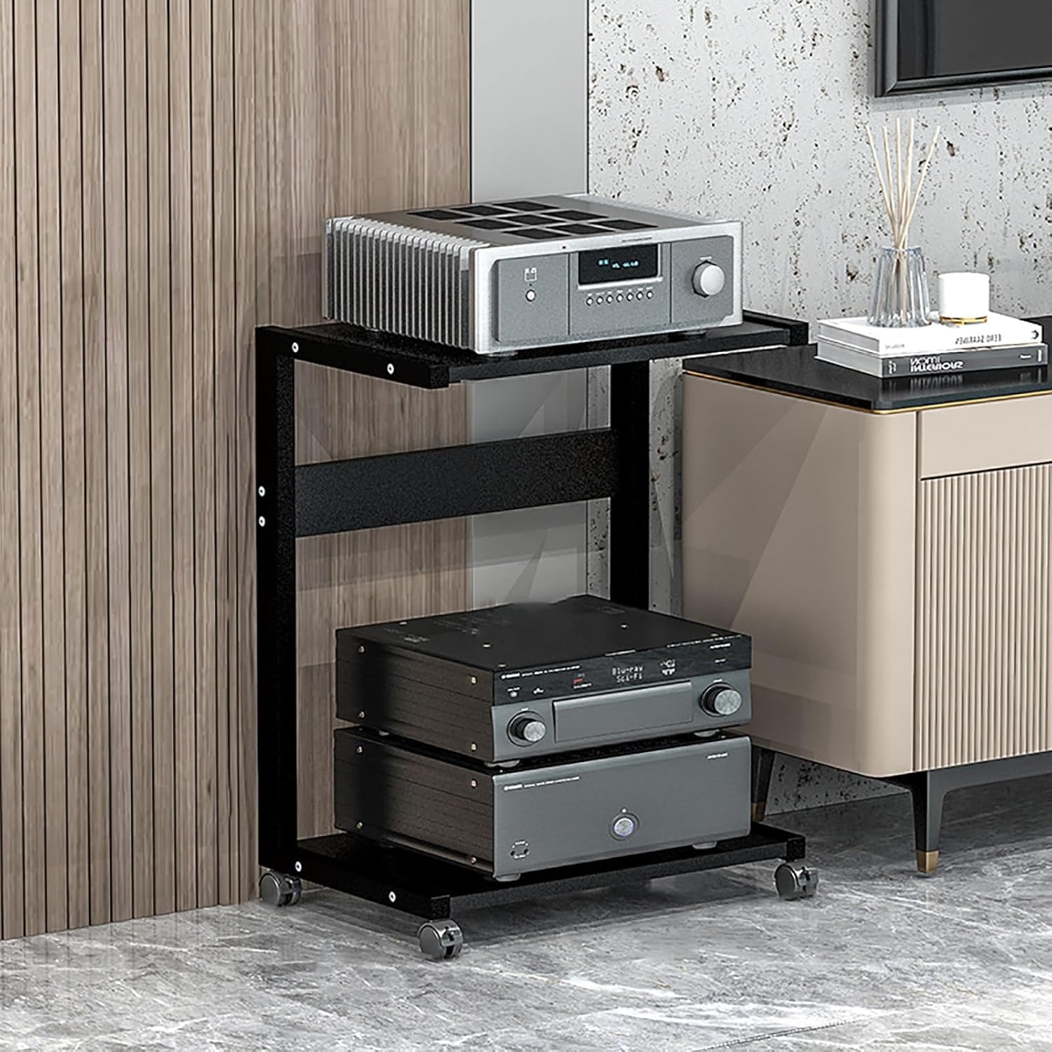 Rolling Black Display Cabinet - Multi-Functional Media Stand & Audio Rack for Gaming Consoles